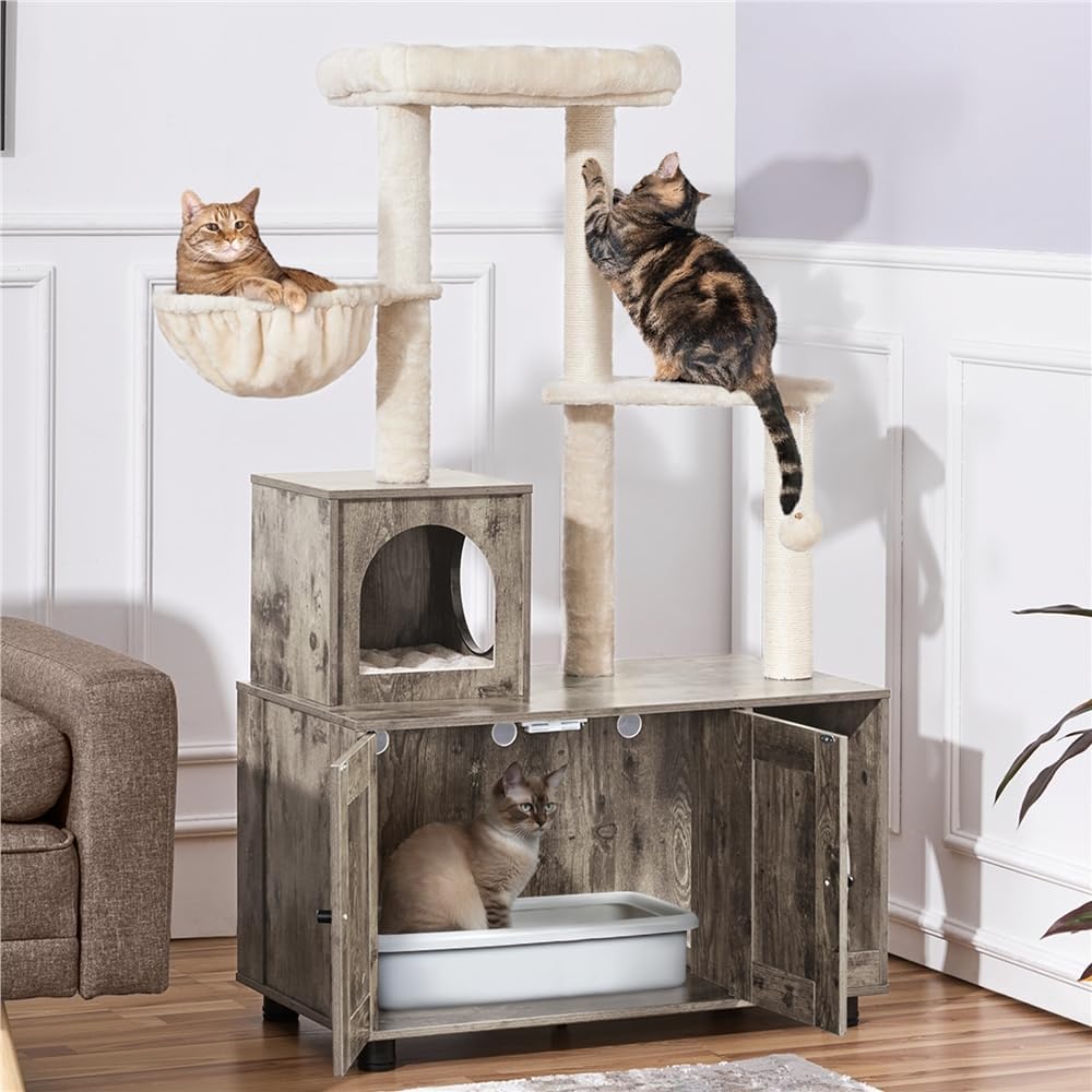 Thumbnail 2 de Yaheetech Katzenbaum mit Katzenklo Schrank (134,5 cm) – 2-in-1 Kratzbaum & Katzentoiletten-Schrank in Greige-Beige