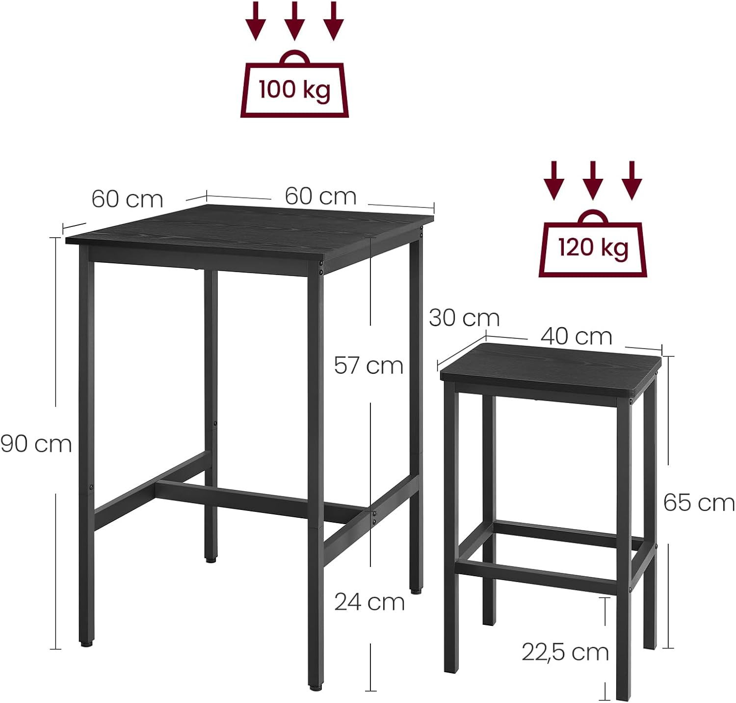 Detalle de VASAGLE tavolo da bar con sgabelli LBT017B56, set cucina 60 x 60 x 90 cm con 2 sgabelli