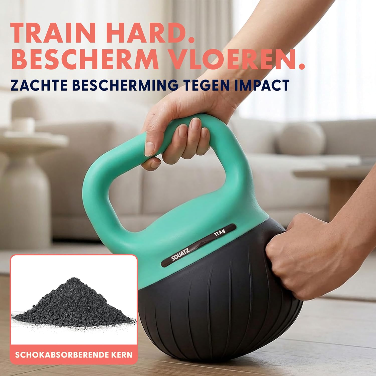 Detalle 2 de SQUATZ SQKBSFT60BBT zachte kettlebellset met gedempte basis en brede grip