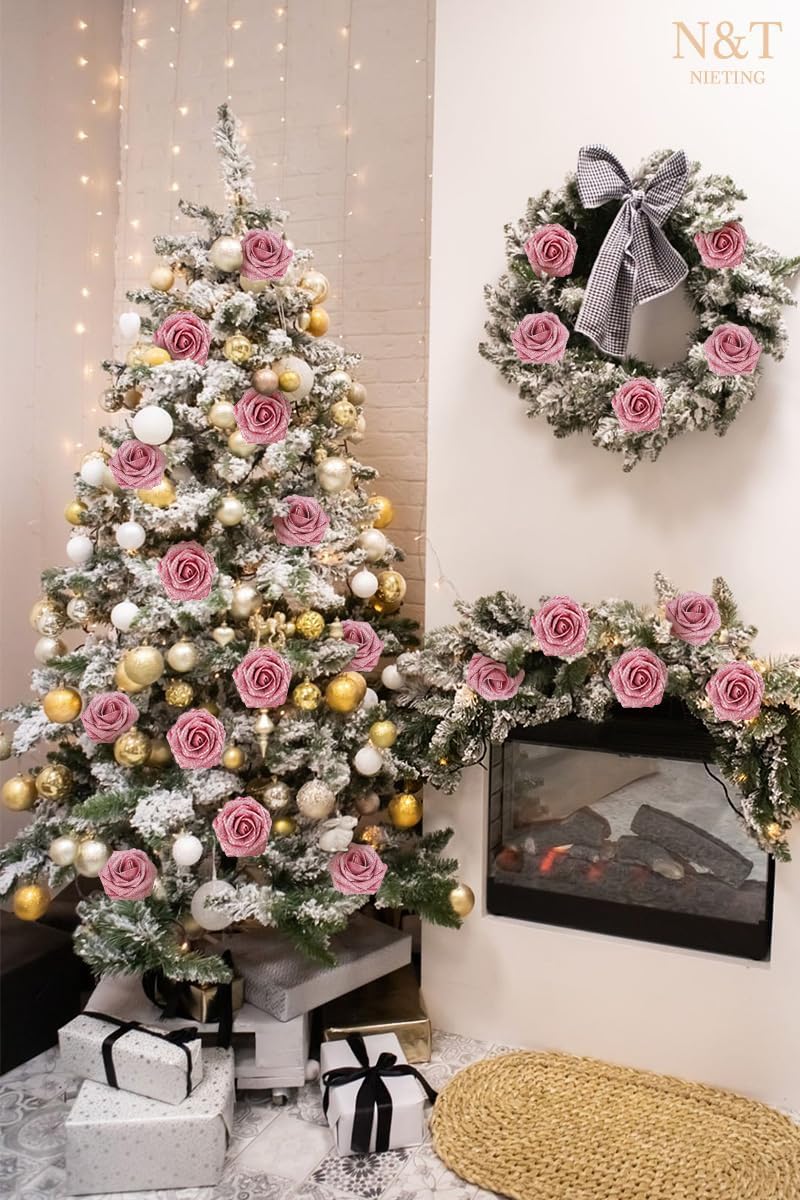 Detalle de N&T NIETING Artificial Glitter Roses (Pink), 25pc DIY fake flowers with bendable stems