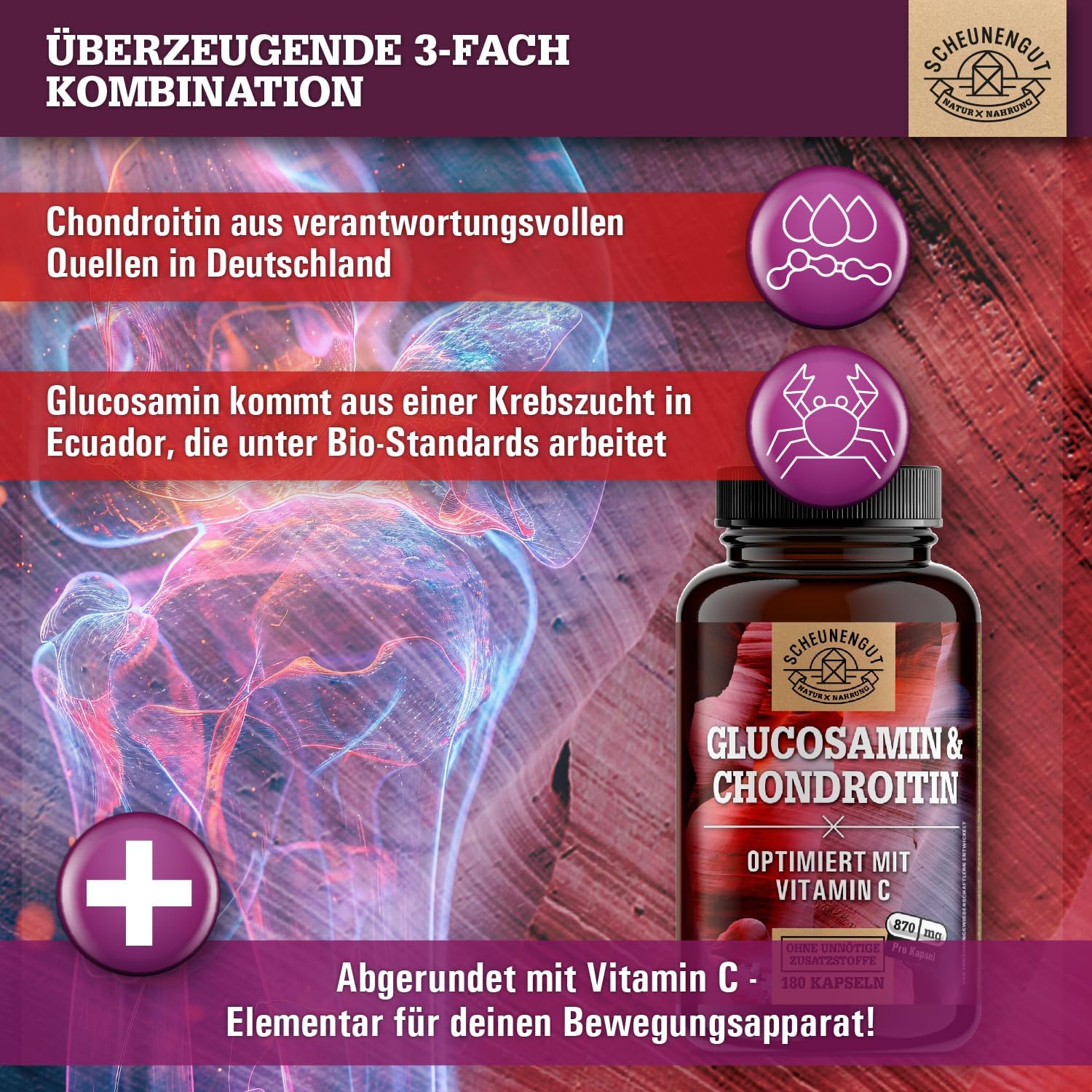 Thumbnail 1 de Glucosamin Chondroitin Hochdosiert (2.630 mg/Tag) mit Vitamin C – DE Scheunengut® Kapseln, laborgeprüft