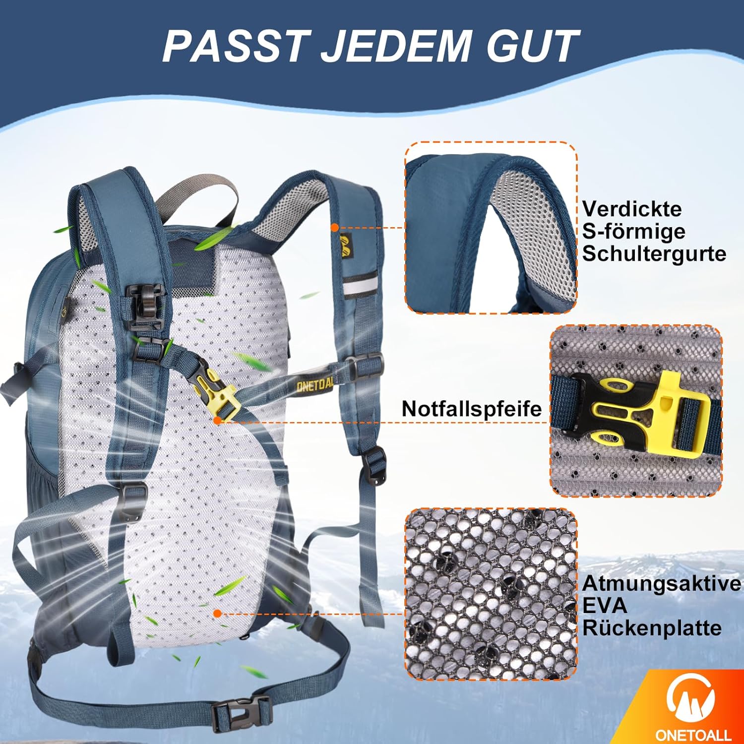 Detalle de ONETOALL Wanderrucksack Damen – 30 L, leicht, wetterfest und mit Rückenbelüftung