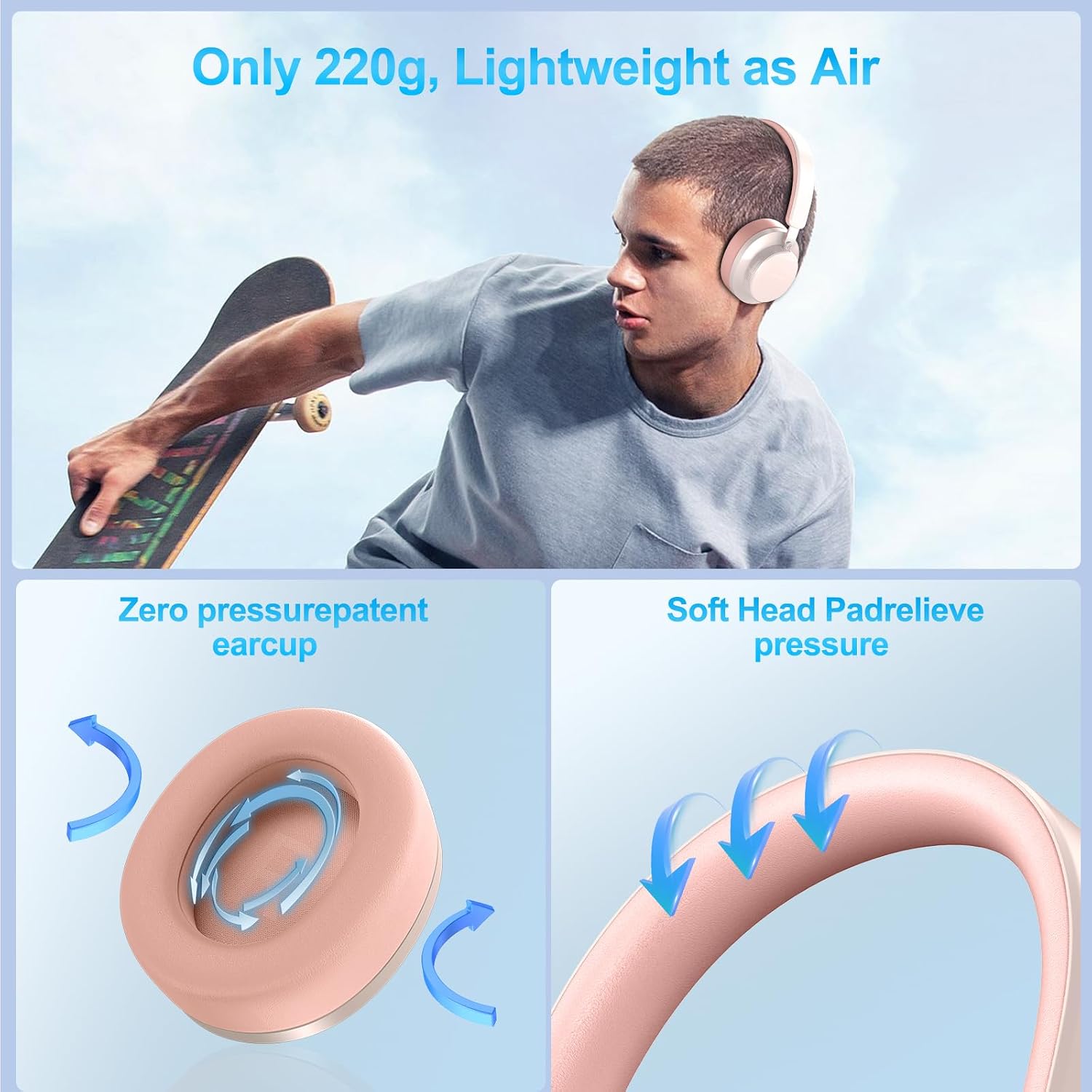 Detalle de TSYUCXH Noise Cancelling Wireless Over-Ear Headphones (Pink) with Microphone