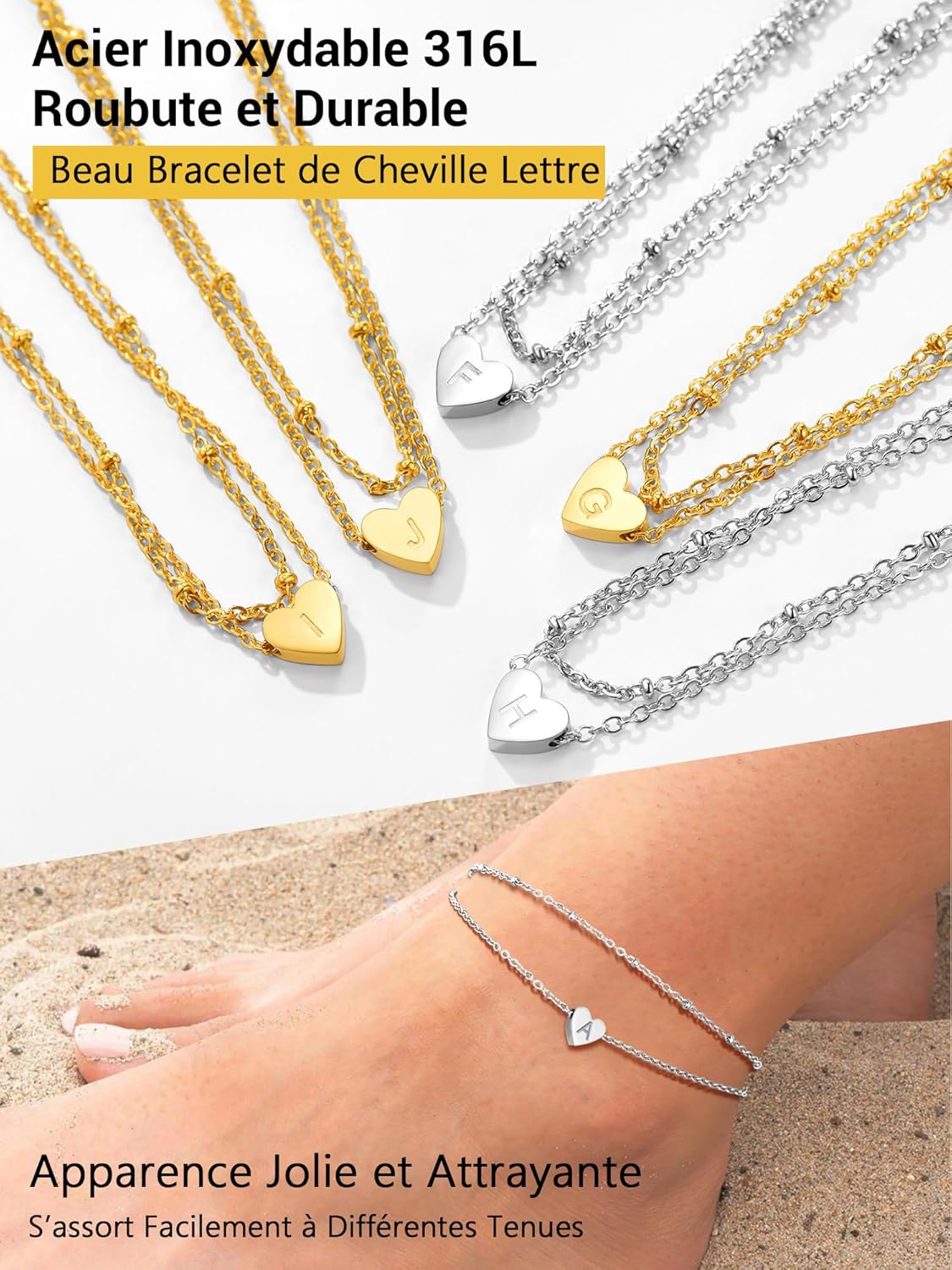 Thumbnail 6 de PROSTEEL Bracelet de cheville femme en acier inoxydable avec cœur initiale double chaîne ajustable 22+5 cm