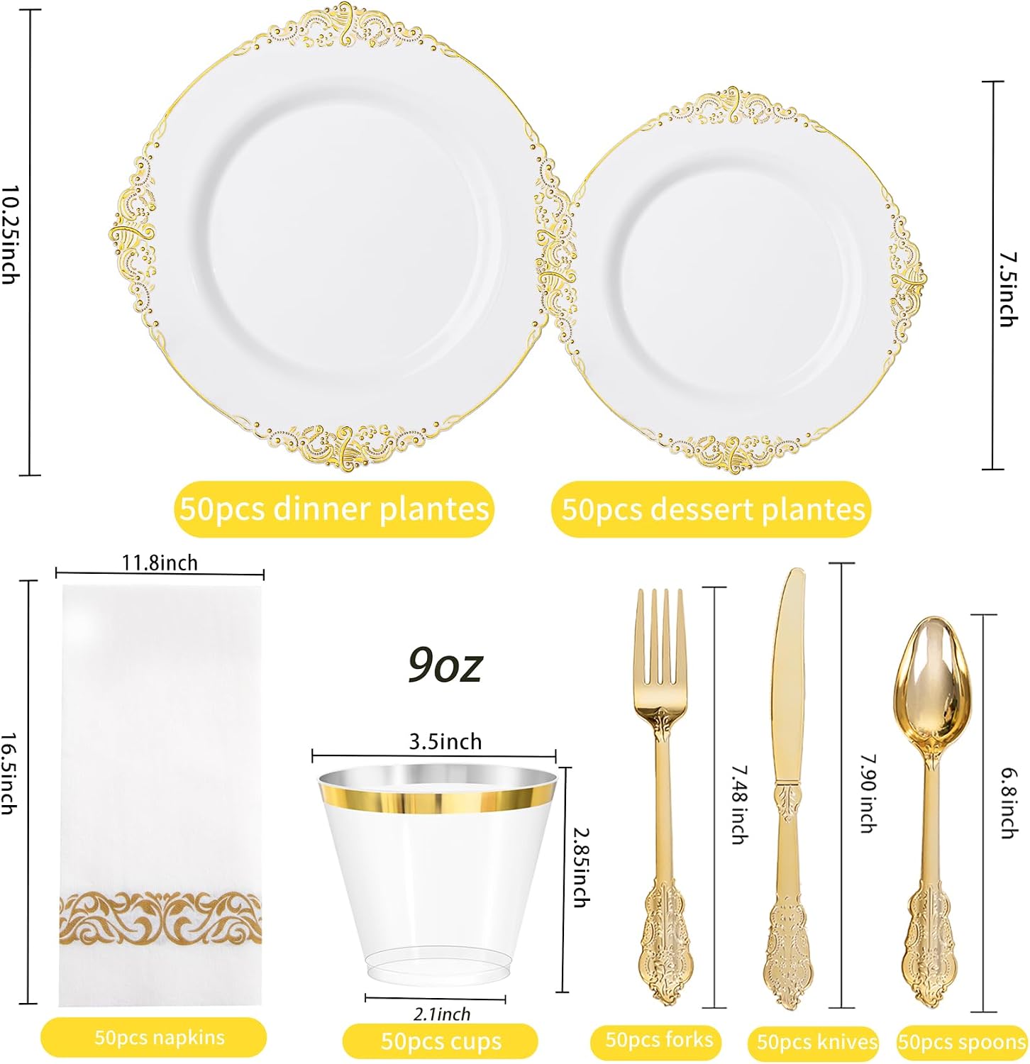 Thumbnail 5 de Hioasis 350pcs White and Gold Baroque Party Plates Set for 50 Guests