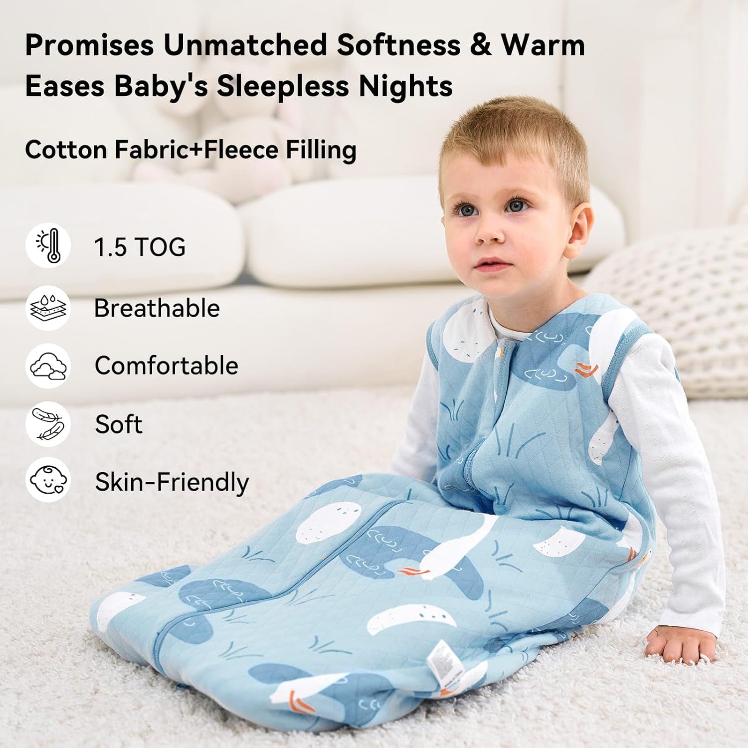 Detalle 2 de Unnivoll Schlafsack Baby 1,5 Tog 67 cm – Baumwolle, 0–6 Monate, warm & weich