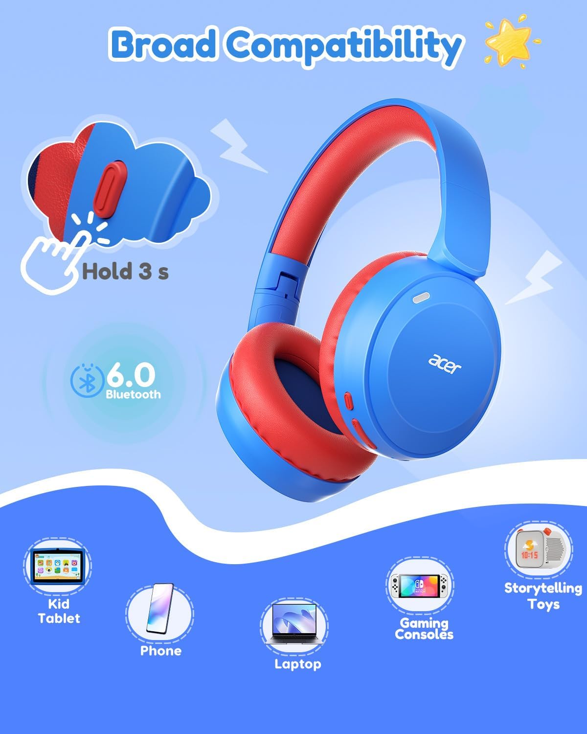Detalle 2 de Acer OHR668(BR) Kids Bluetooth Headphones, 85/94 dB Limit, 60-Hour Playtime