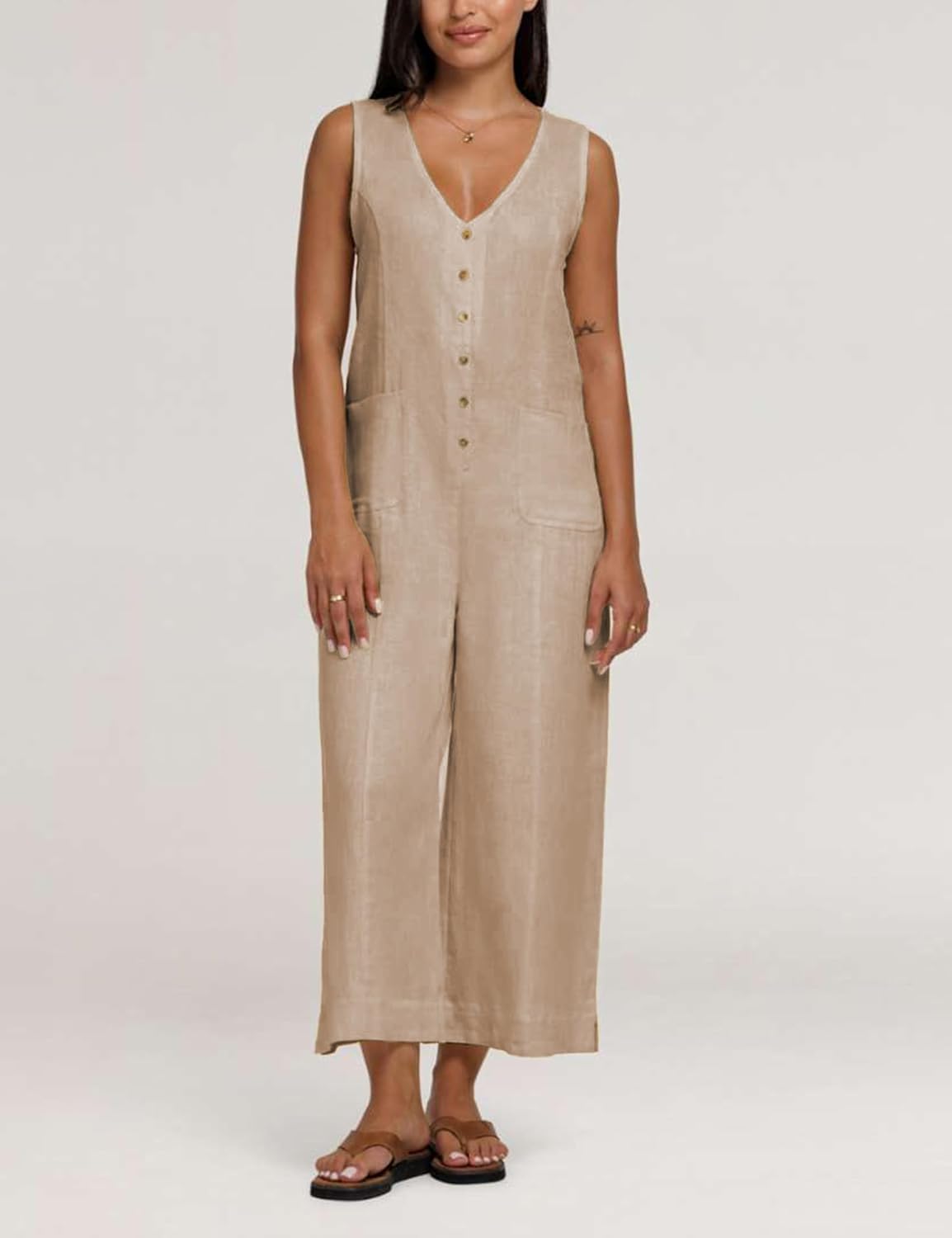 Detalle de Yeokou Women Button Down Jumpsuits: Cotton Linen Sleeveless Wide-Leg Romper with Pockets