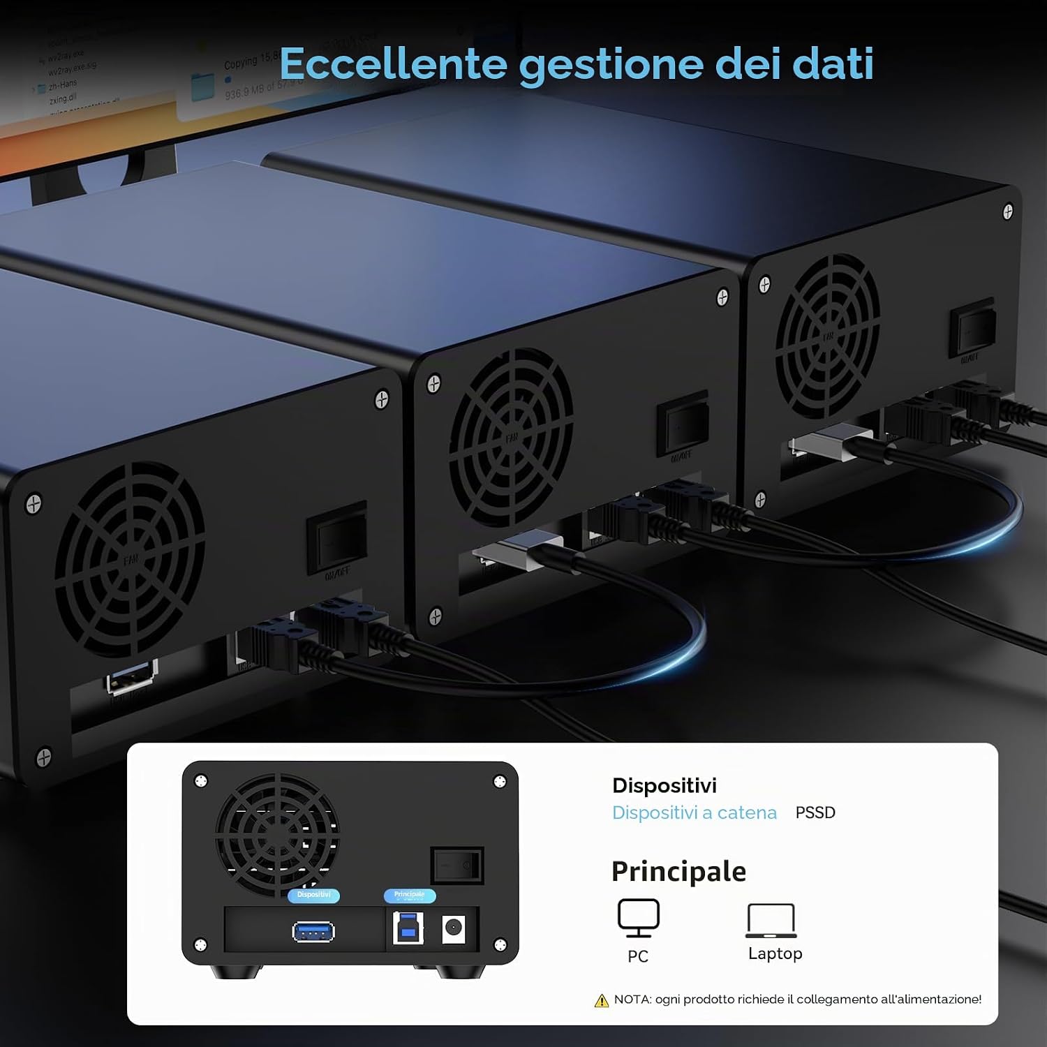 Detalle de CENMATE Hard Drive Case 2 Baie in Alluminio con Ventola: espansione modulare per HDD/SSD da 2,5/3,5 pollici