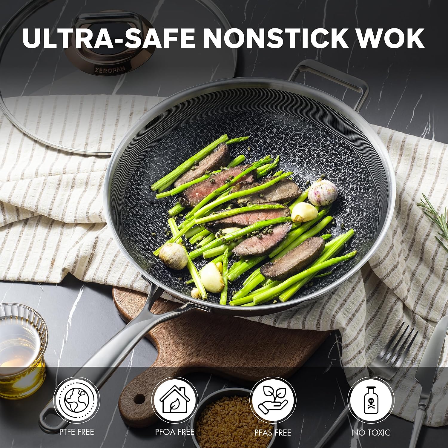 Detalle de ZEROPAN 30cm Wok with Lid – Non‑Stick, Induction Ready and Oven Safe