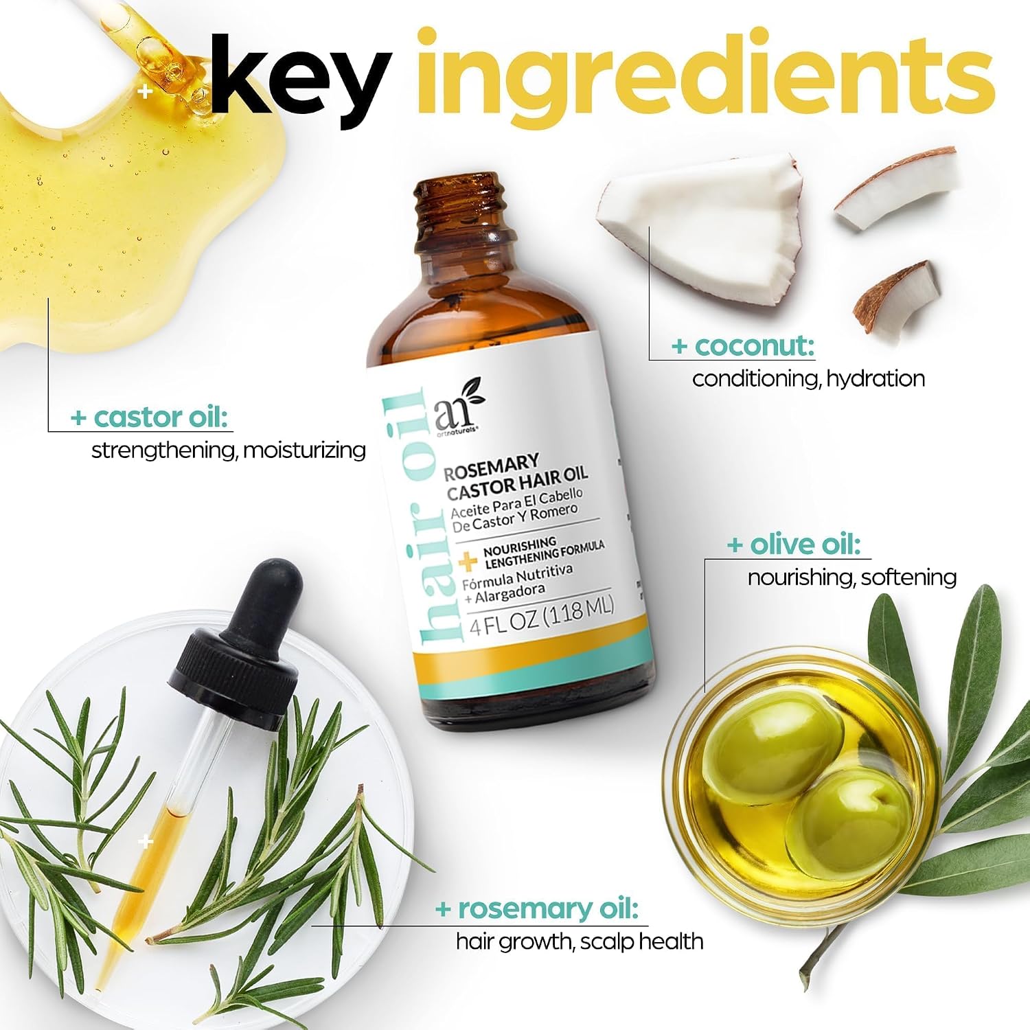 Detalle de Artnaturals Organic Rosemary Castor Hair Oil + Massager Set