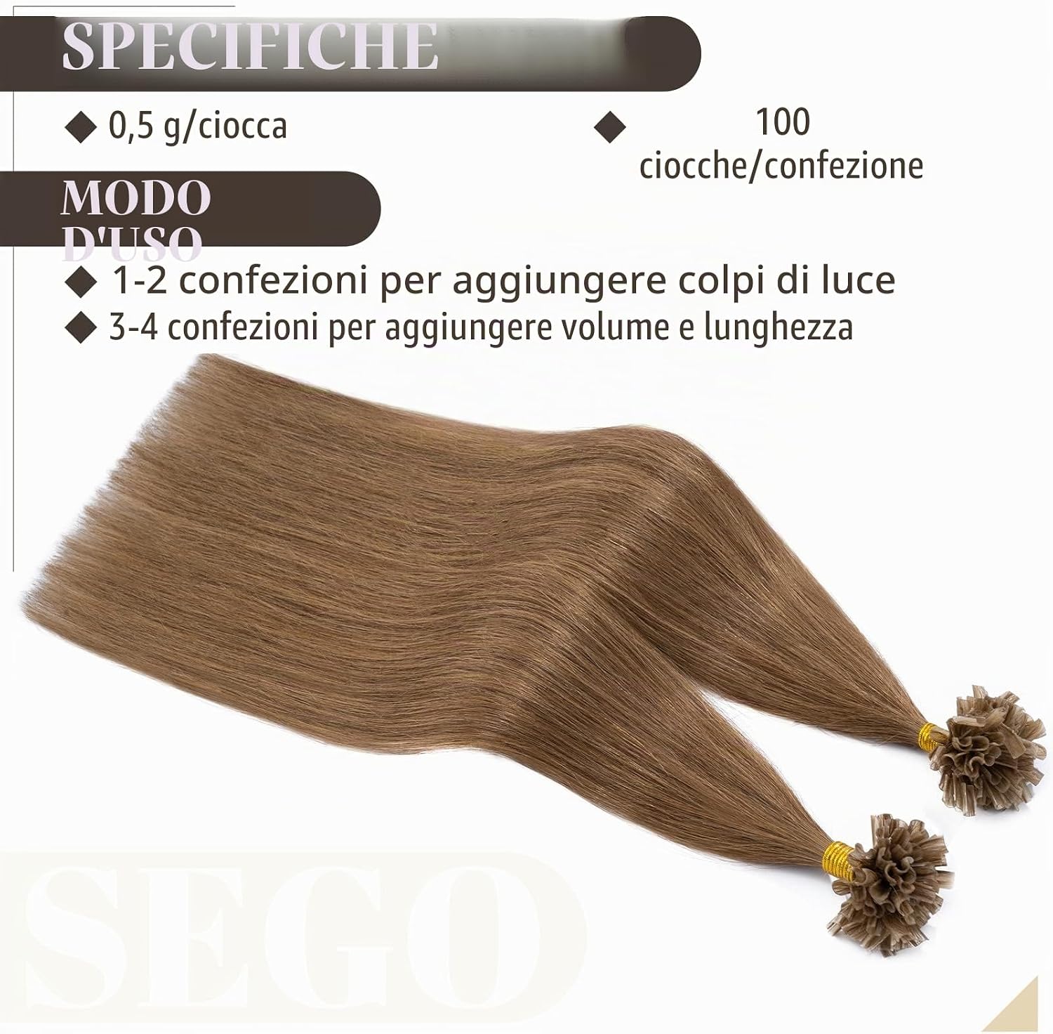 Thumbnail 3 de SEGO Extension Cheratina Capelli Veri 100 Ciocche 50g – 40 cm #6 Castano, Remy Indiani Naturali senza Clip