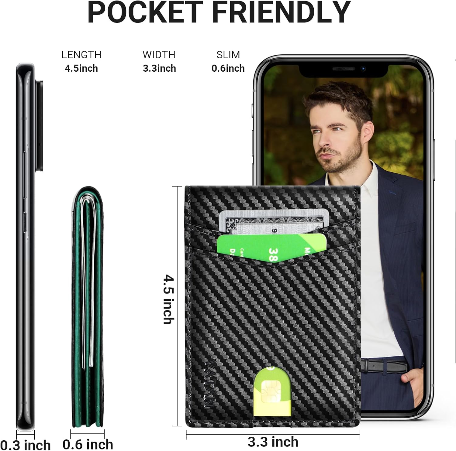 Thumbnail 3 de VATAN Slim RFID Blocking Leather Wallet (Carbon Black & Green) for up to 15 Cards