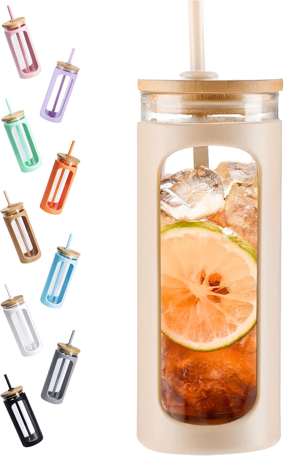 Thumbnail 5 de Kodrine 20oz Glass Water Tumbler with Straw, Bamboo Lid, and Silicone Sleeve (BPA-Free, Amber)