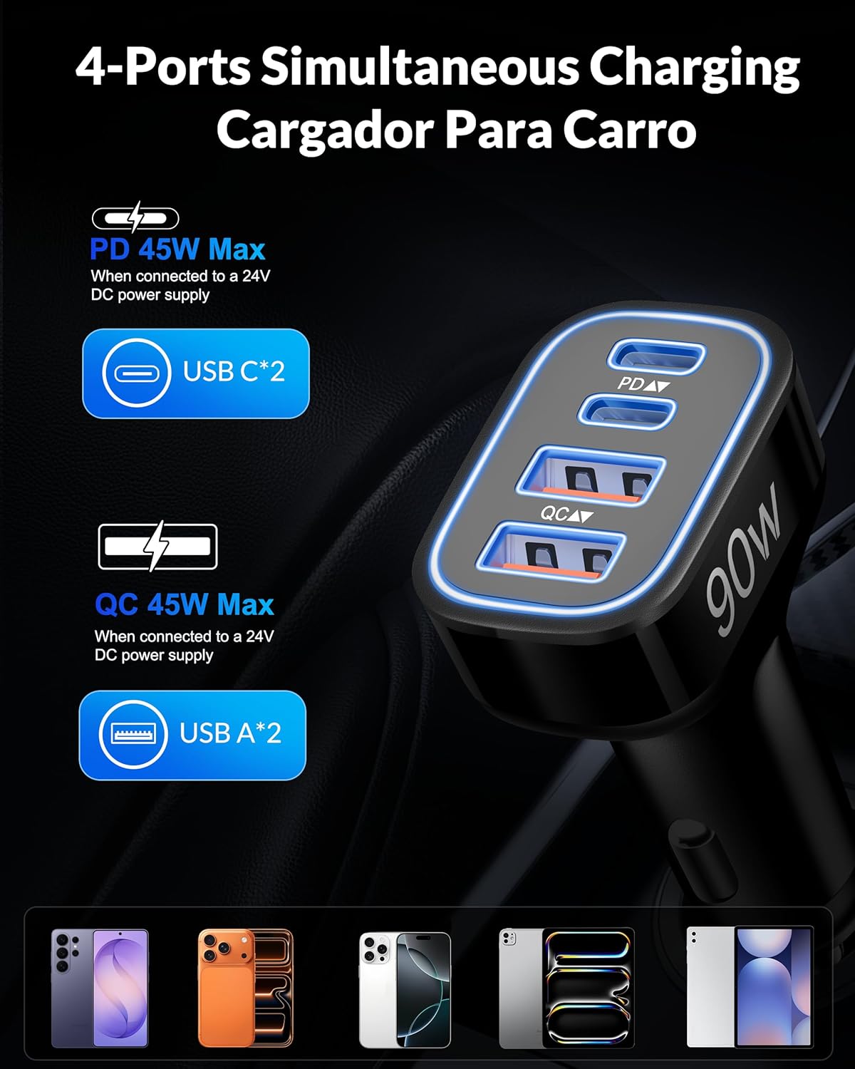 Thumbnail 1 de 90W 4-Port USB-C Car Charger with 3ft Cable for Samsung, iPhone, and More