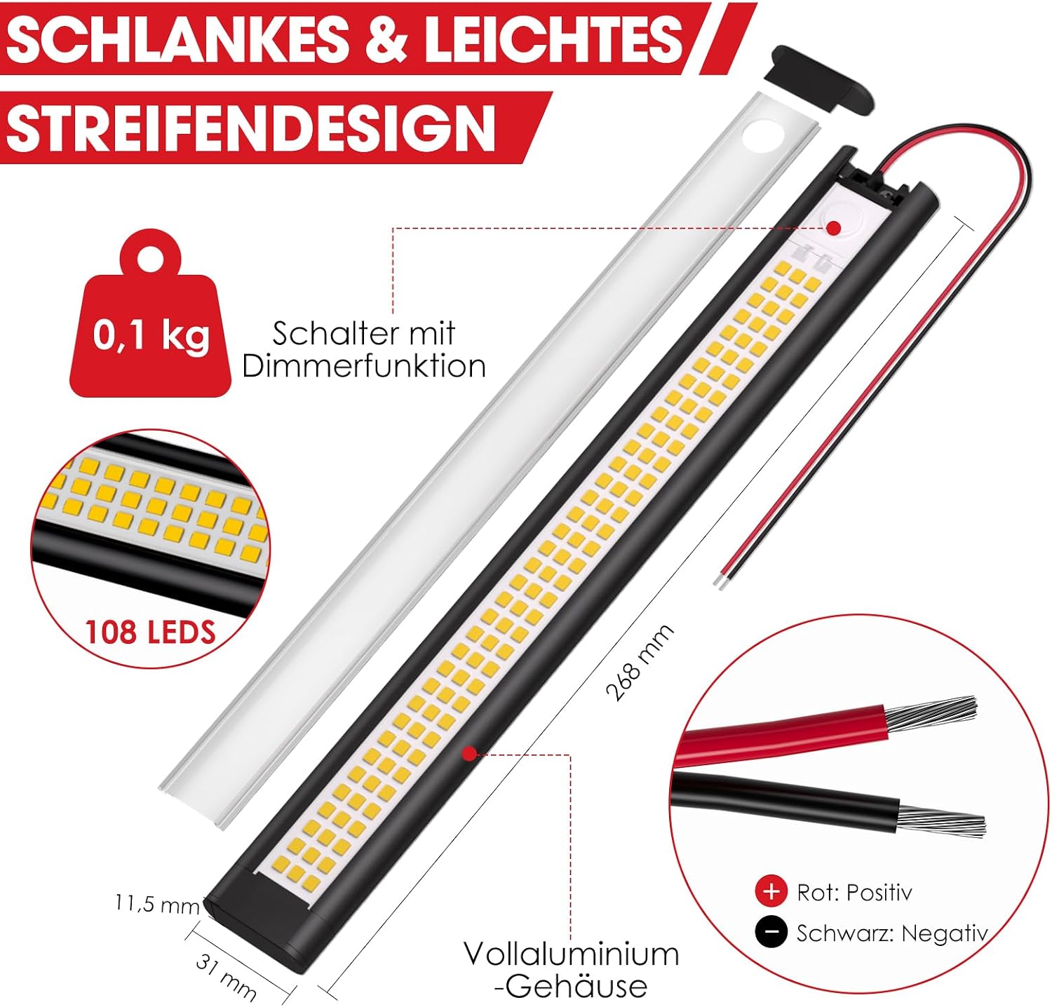 Detalle de GZV 12V LED Wohnmobil-Lampe (4er-Set, schwarz) mit 4000K und 1100 lm