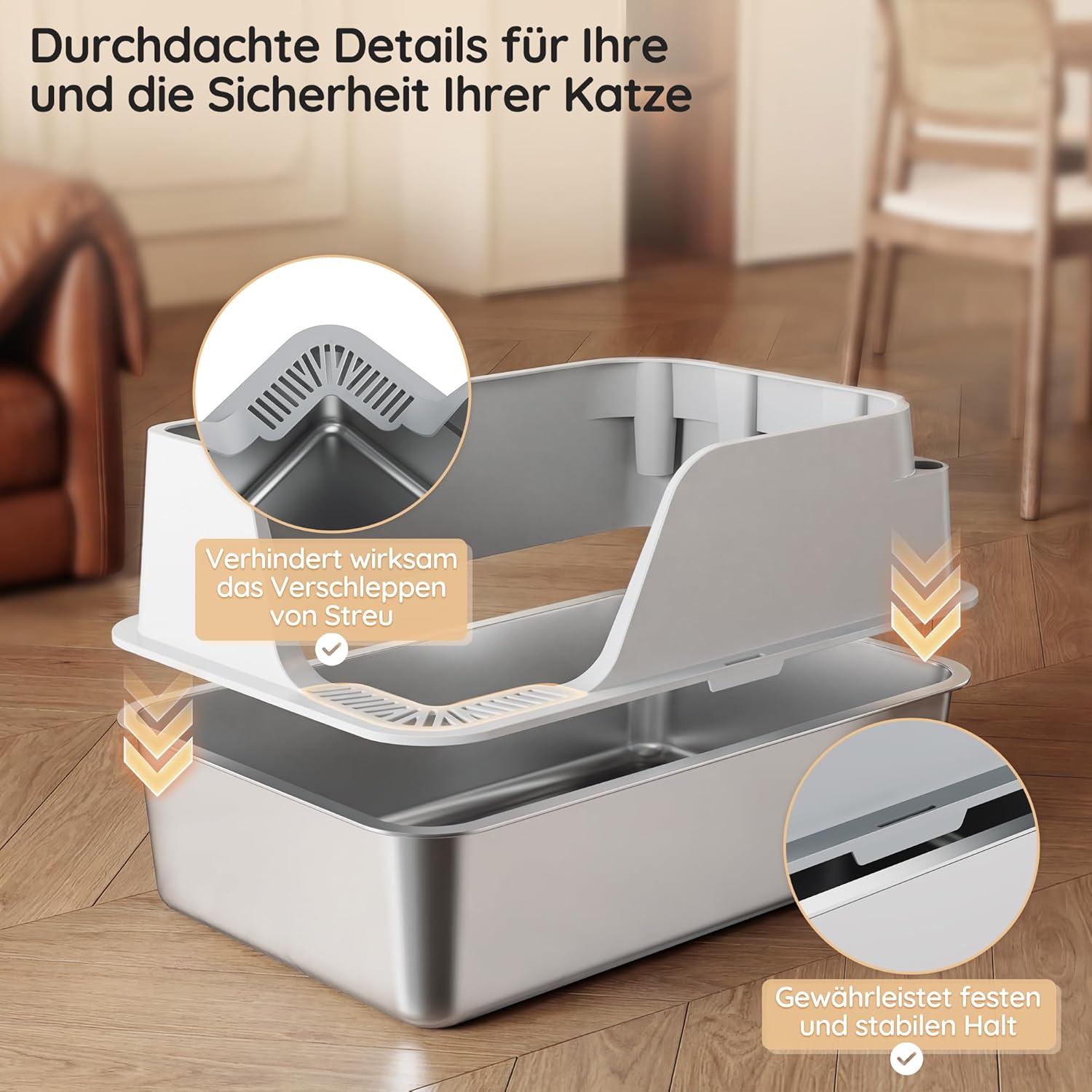 Thumbnail 5 de JUMMICO Katzenklo aus Edelstahl (XXL) mit Schaufel, Matte und erhöhtem Rand – leicht zu reinigen