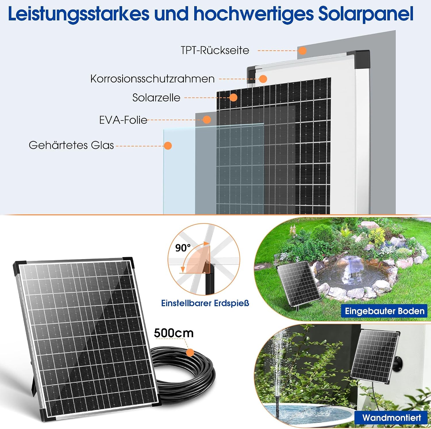 Detalle de Biling 25W Solarbrunnen für draußen mit 4 Düsen – 1200 L/H, 2 m Schlauch, 5 m Kabel