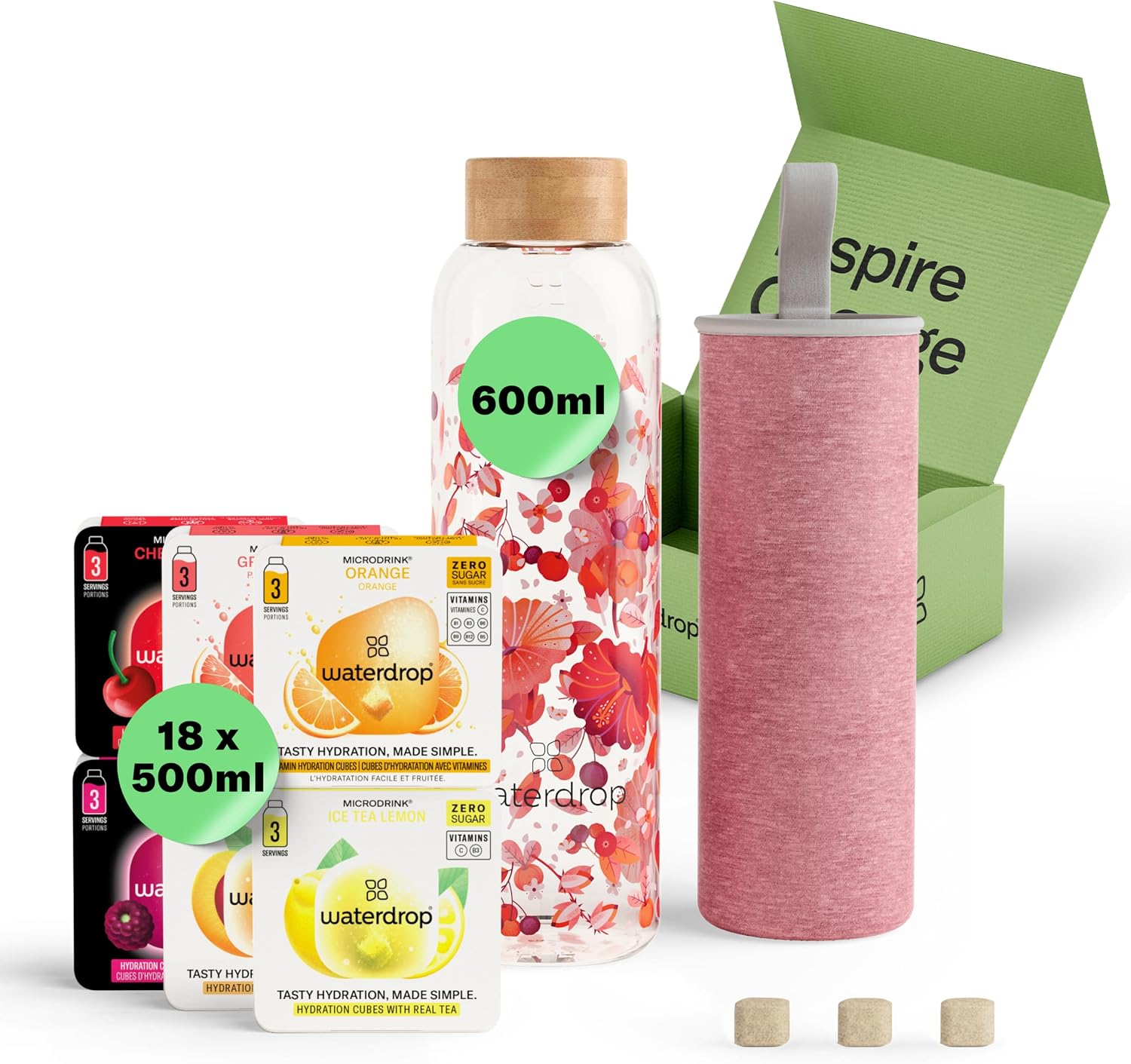 waterdrop Bottiglie Vetro 600ml con 18 Drops senza zucchero – cofanetto regalo donna