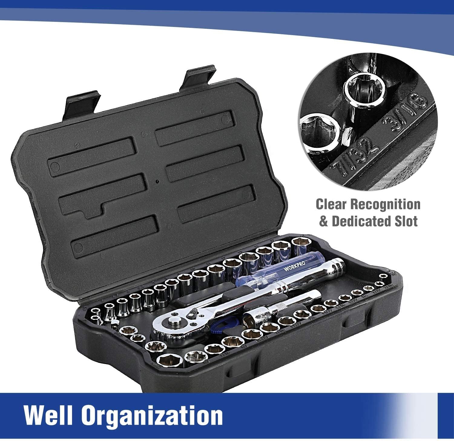 Thumbnail 1 de WORKPRO 39-Piece Drive Socket Set (1/4" & 3/8") with CR-V Sockets, Quick-Release Ratchet, Extension & Box