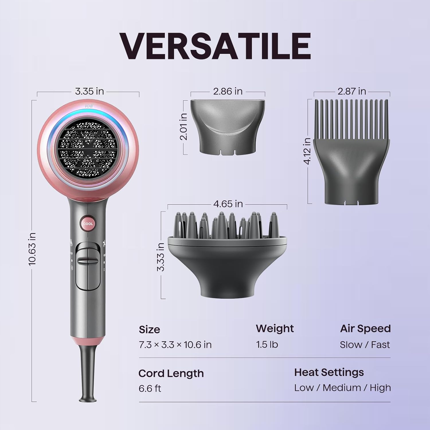 Detalle 2 de Wavytalk Blown Away Ionic Hair Dryer (1875W) with Diffuser, 3 Attachments, Rose Gold