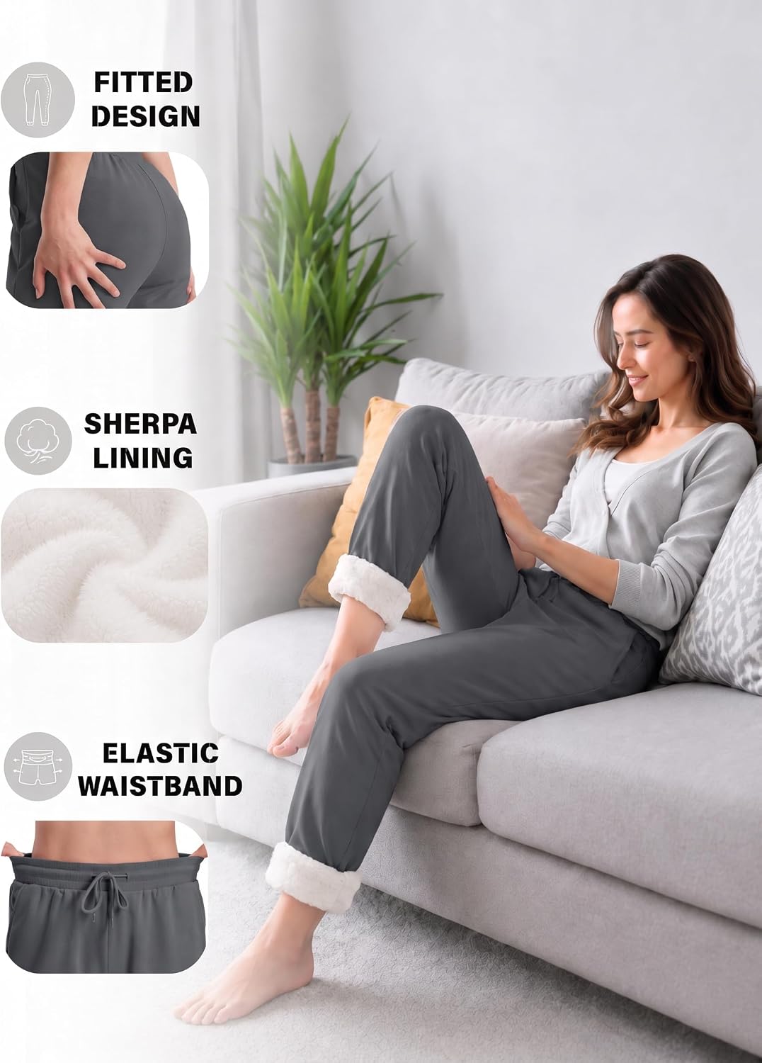 Detalle de TACVASEN Women's Sherpa-Lined Sweatpants, High-Waisted Winter Lounge Pants with Pockets