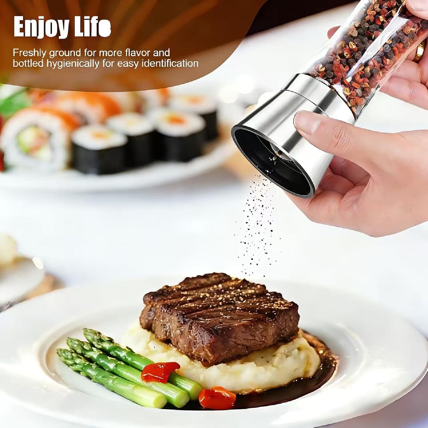 Detalle de CUESVAP VP-YMQ24 Salt and Pepper Mills, Adjustable Ceramic Grinder, Glass Body