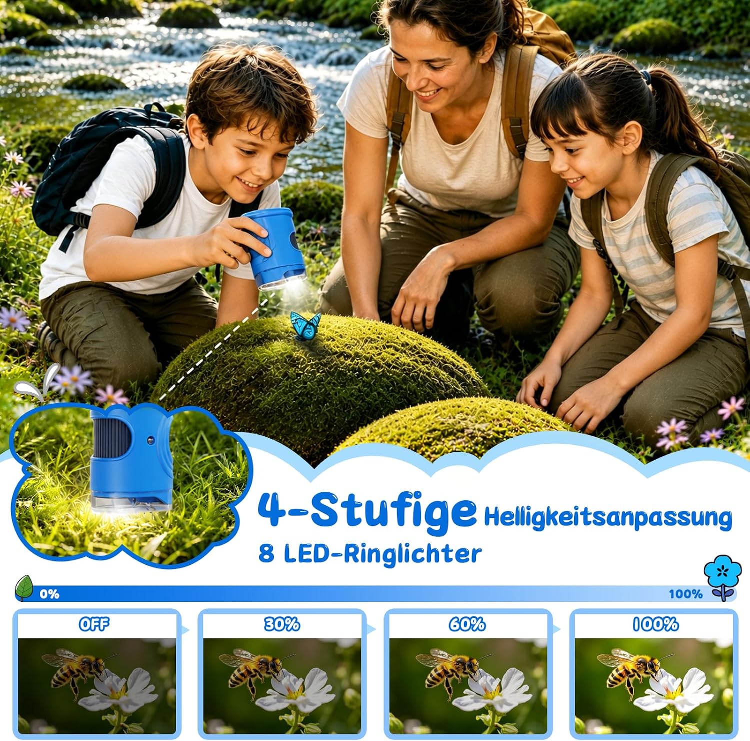 Detalle de ASPOVEN Digitales Mikroskop für Kinder 1000X – 2 Zoll HD Display, 8 LED Beleuchtung, Foto & Video