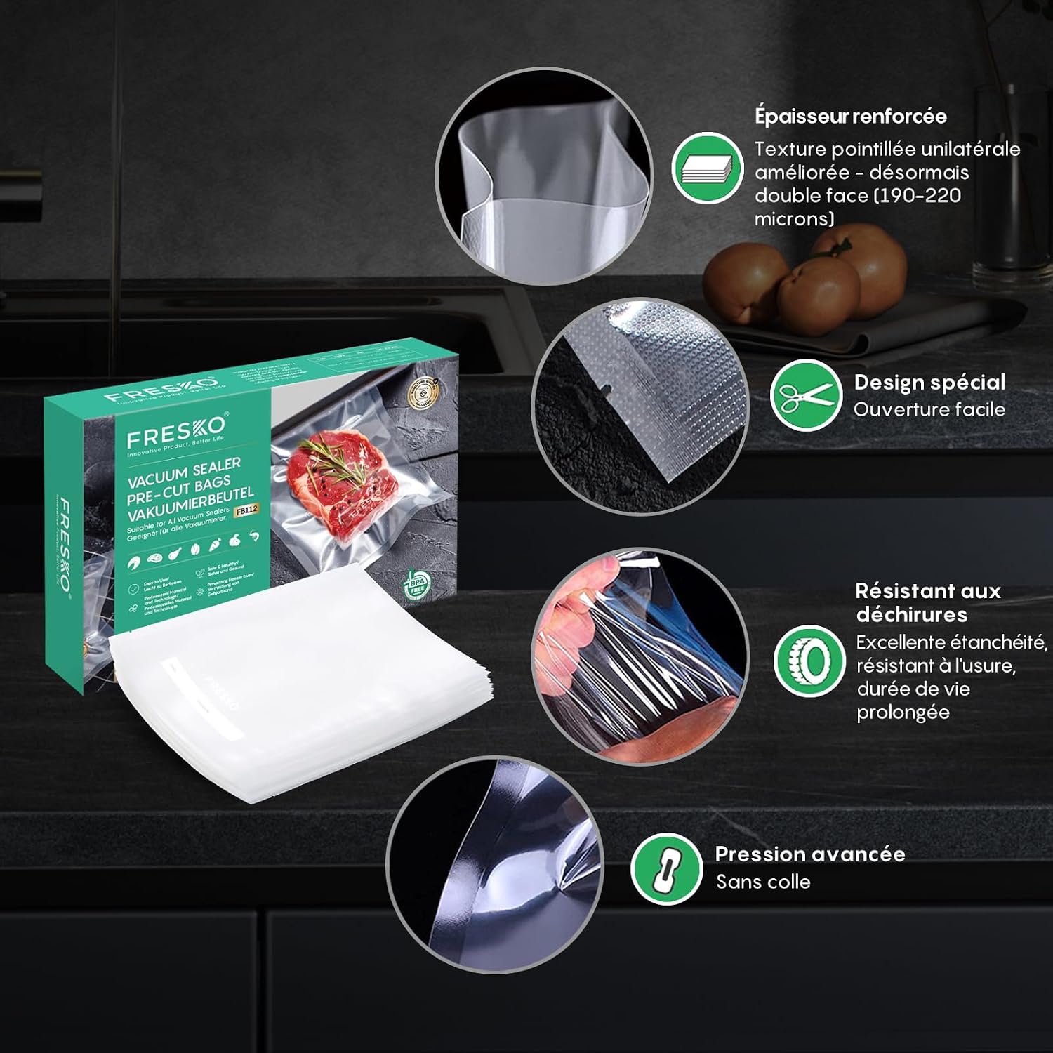 Detalle de FRESKO Sacs sous vide alimentaire 20 x 30 cm – Lot de 120 sachets pour congélation, conservation et cuisson sous vide