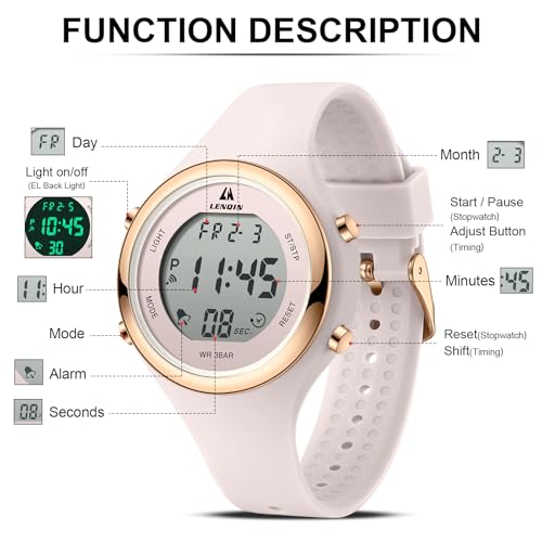 Detalle 2 de LN LENQIN Reloj para Mujer: reloj digital/analógico con 30 m de impermeabilidad, alarma y luz LED