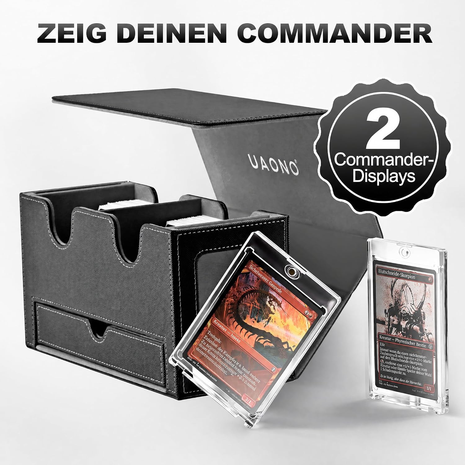 Detalle 2 de UAONO MTG Deck Box mit 2 Commander Display und Würfelablage – Doppeldeck-Box für 250+ Karten