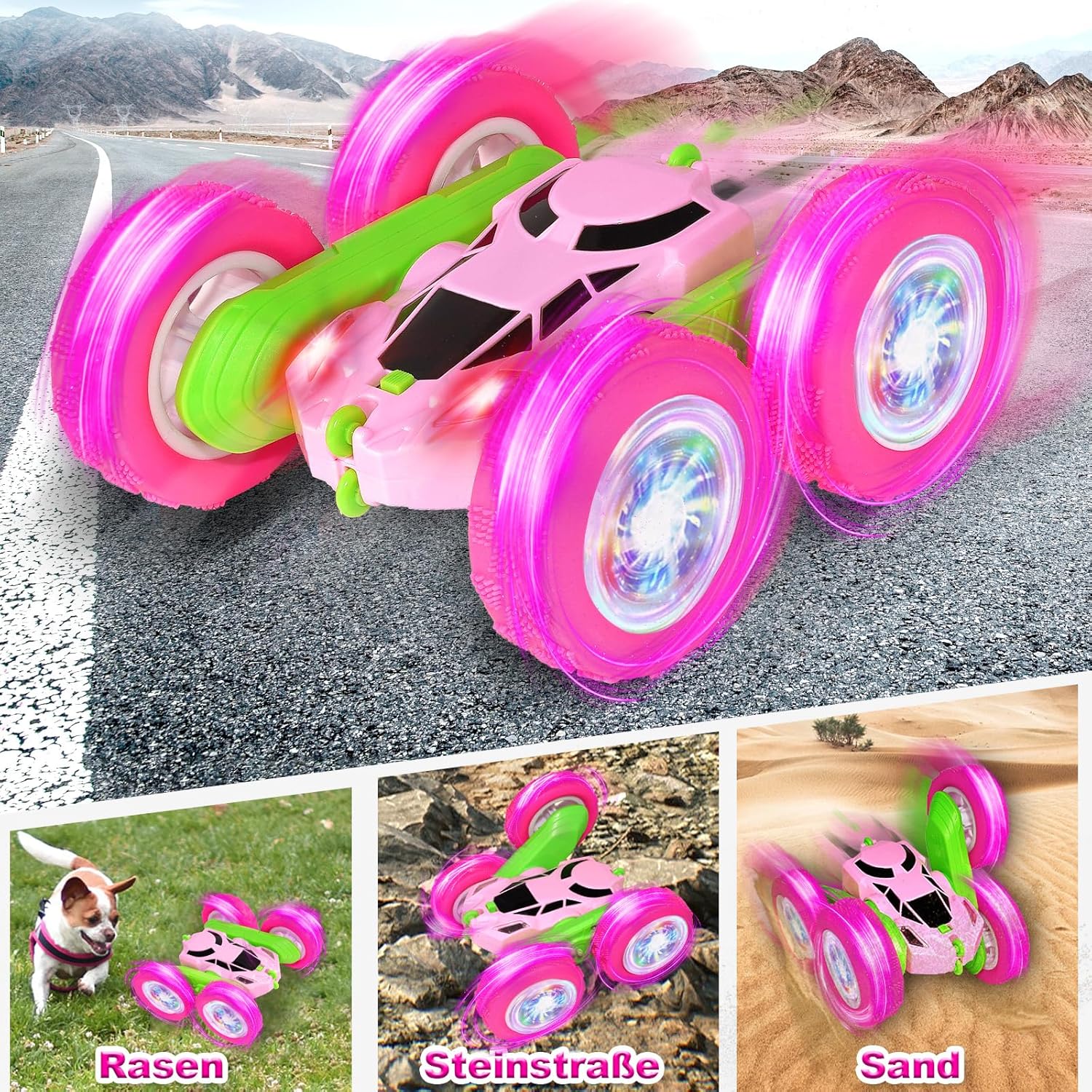 Detalle de MidiVix RC Stunt Car – 2,4 GHz, 360° Doppelseitig, 4WD Offroad, Grün/Pink