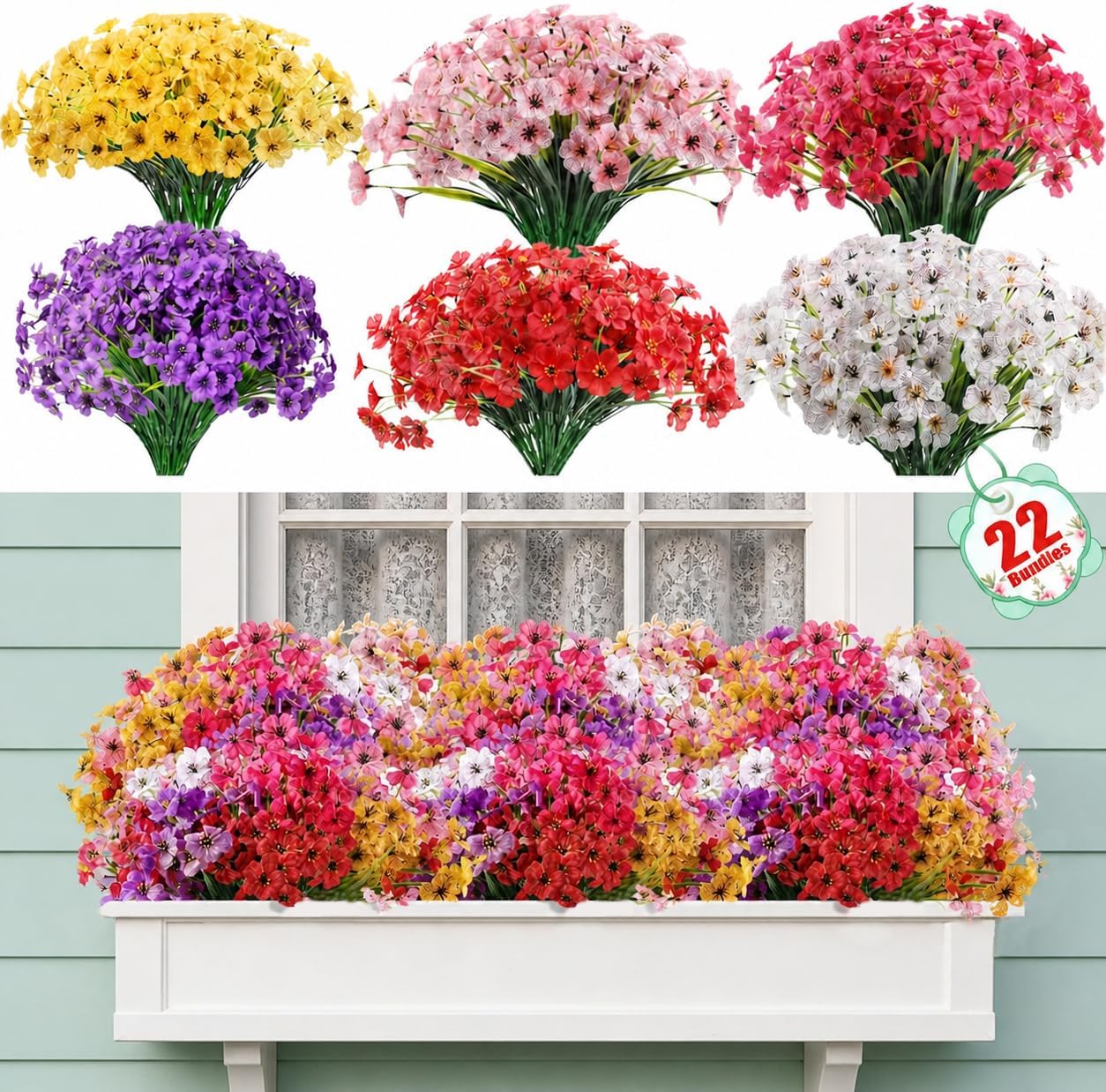 Detalle de Powbrace 22-Pack Artificial Flowers (UV-Resistant Faux Silk Flowers) for Outdoor & Indoor Planters