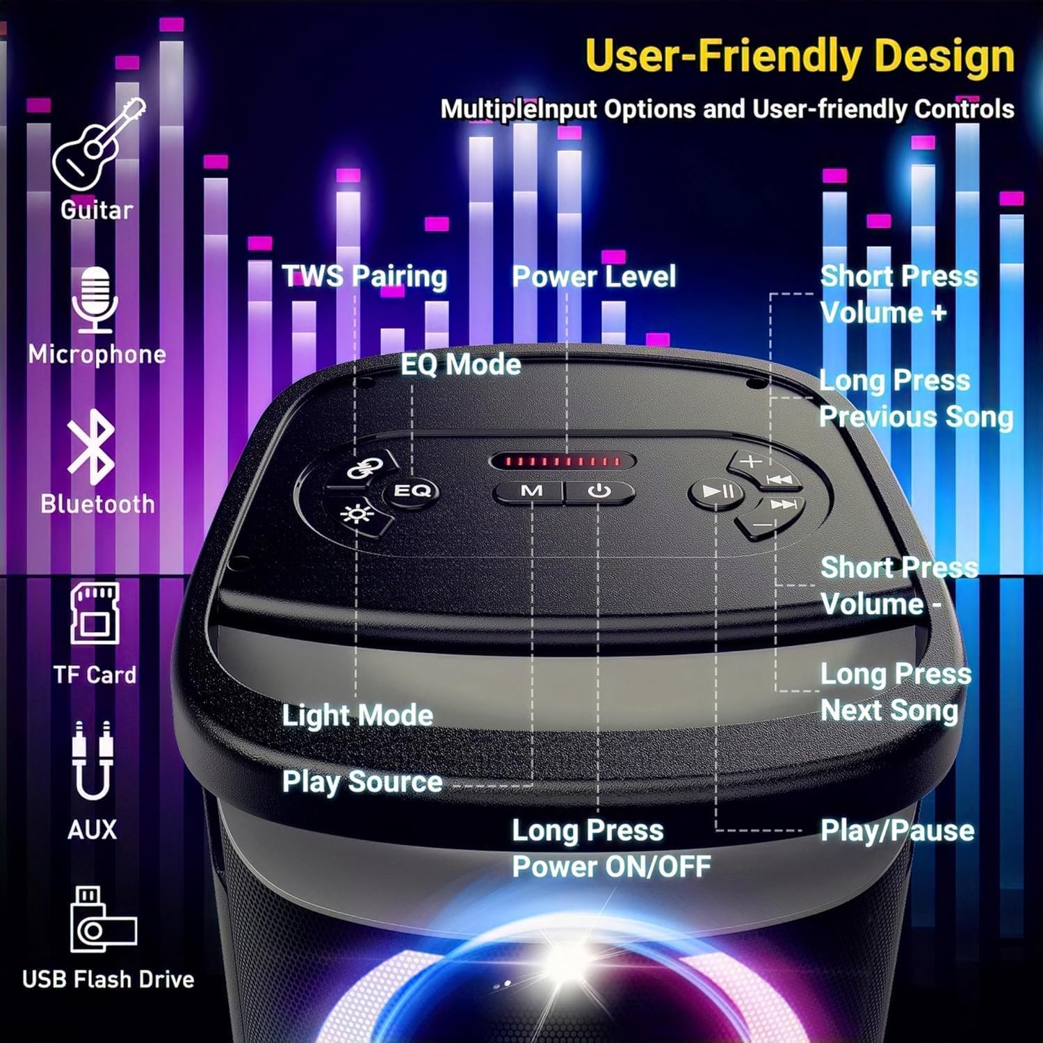 Thumbnail 5 de TPBEAT Portable Bluetooth Party Speaker: 160W Peak Power, Deep Bass & LED Light Show