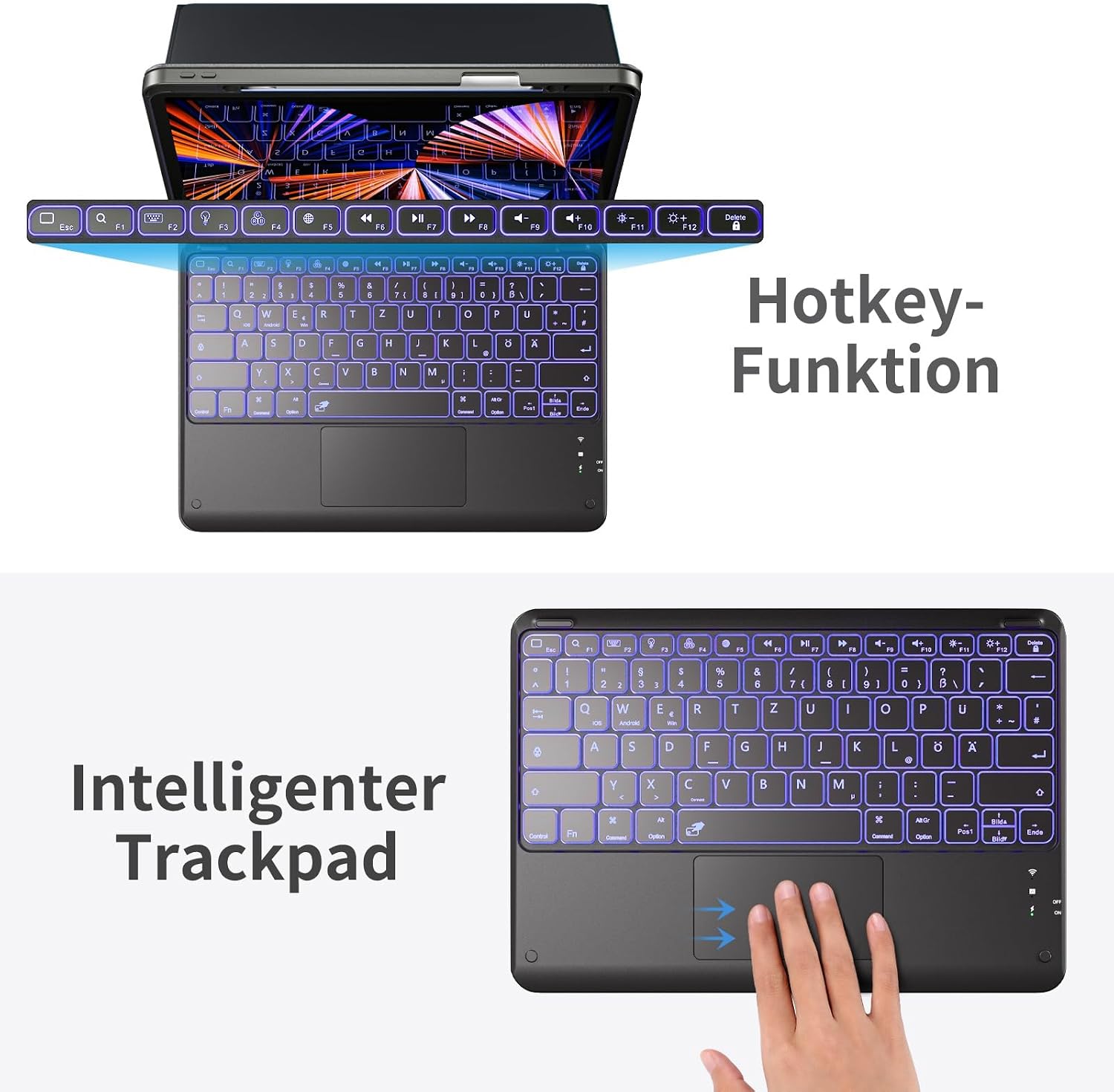 Thumbnail 4 de Vobafe Tastatur-Hülle für iPad Air 13 Zoll & iPad Pro 12,9 Zoll – QWERTZ mit Trackpad, 7 Farben, Stifthalter (schwarz)