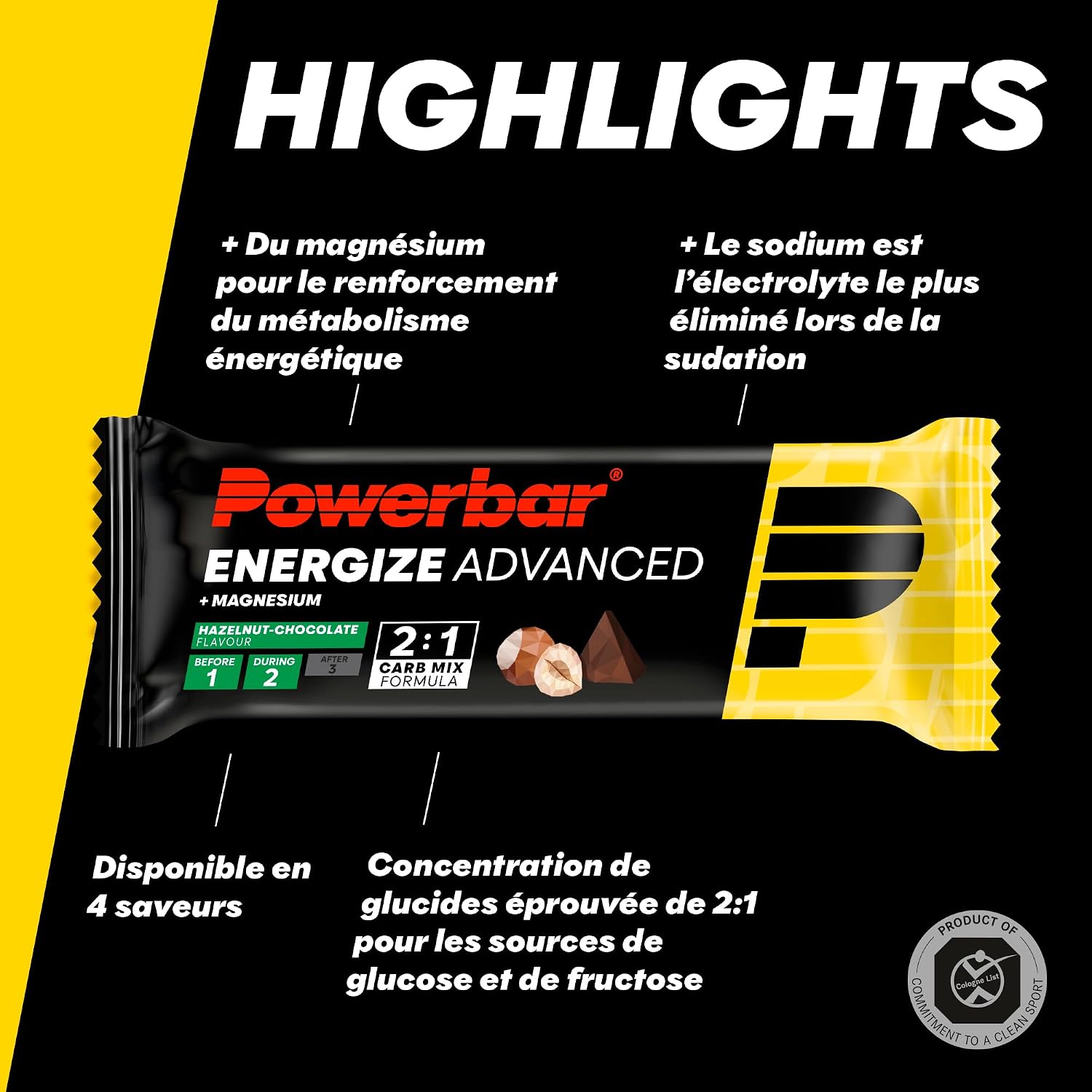 Detalle 2 de Powerbar Energize Advanced Hazelnut Chocolate — Barre énergétique 15x55g, riche en glucides, Magnésium et Sodium