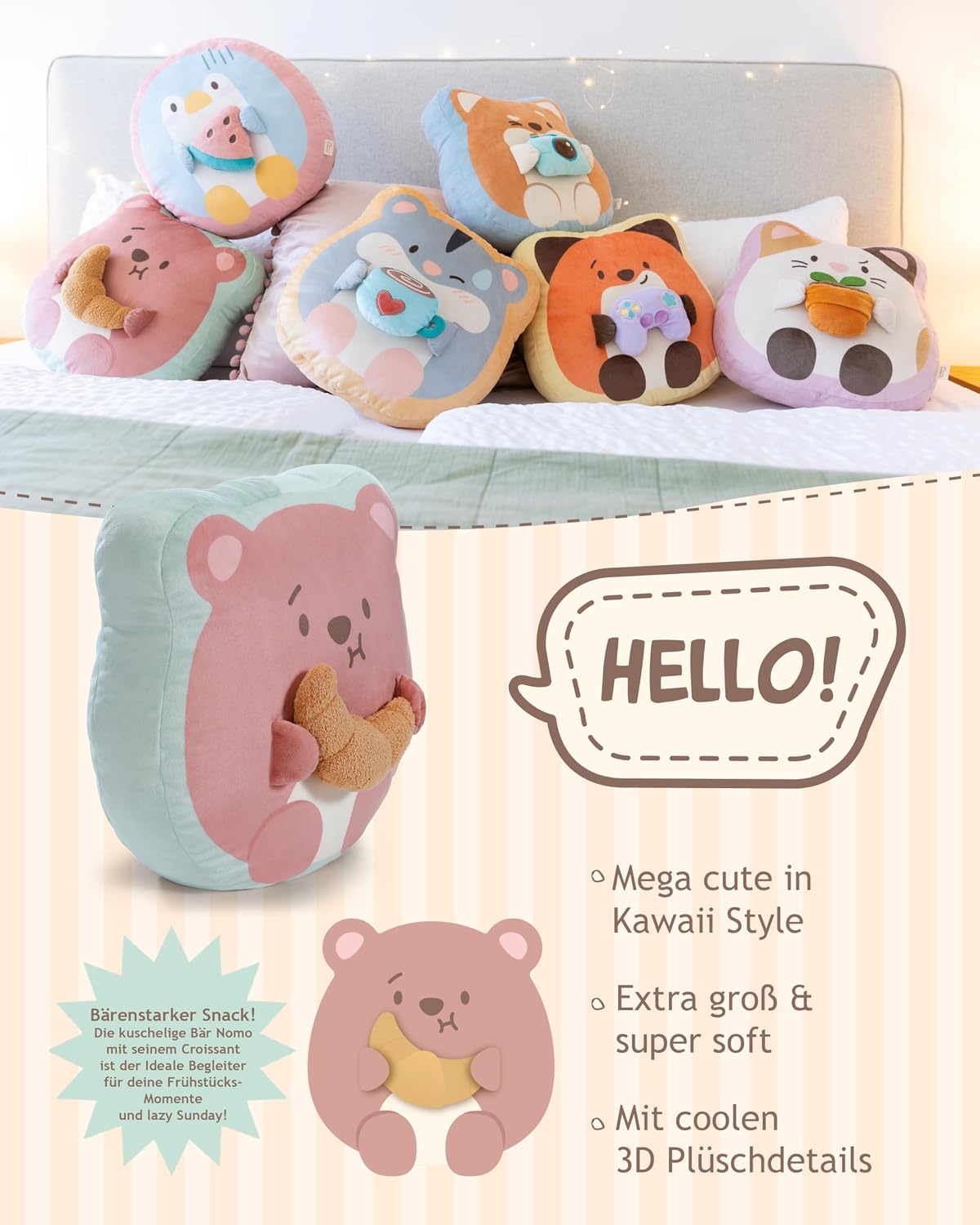 Thumbnail 2 de NICI Kuscheltier Bär Nomo mit Croissant – 35x33x12 cm, braun, weiches mymochi Plüschtier