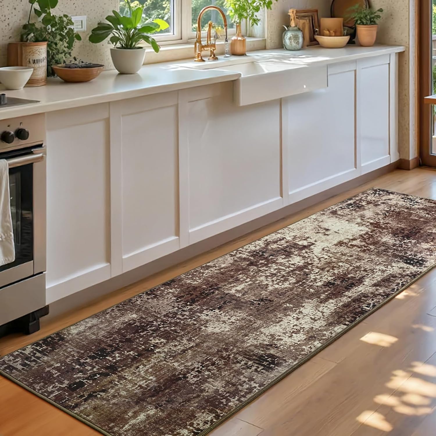 Thumbnail 2 de 2x6 Brown Rug Runners for Hallways and Kitchen - Non Slip, Washable Abstract Runner with Rubber Backing