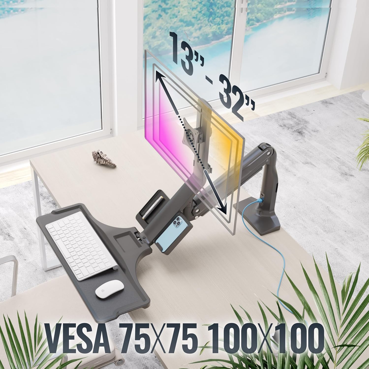 Thumbnail 6 de RICOO Support écran PC TS5411 pour écrans 17 à 32" (43 à 81 cm) avec ressort à gaz, clavier/souris et fixation VESA 75x75