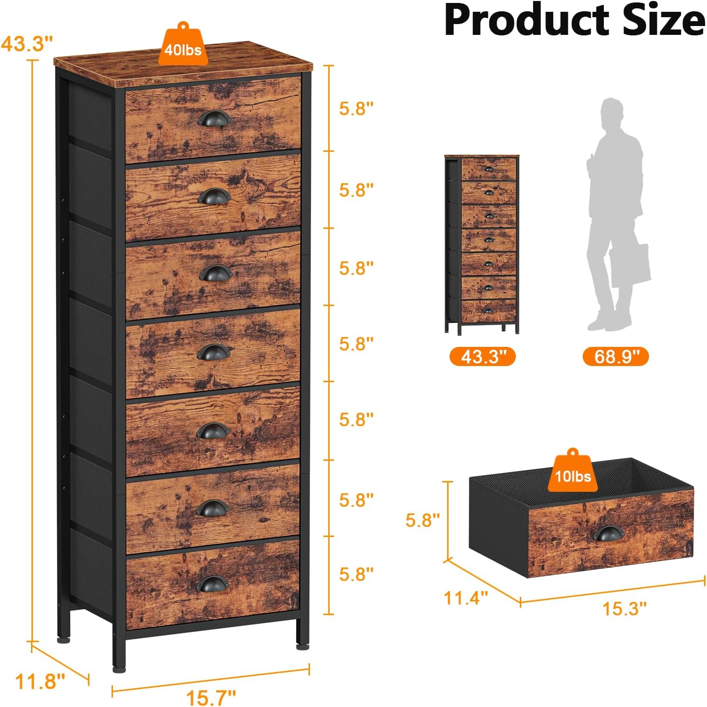 Thumbnail 2 de Furnulem 7-Drawer Dresser Rustic Brown