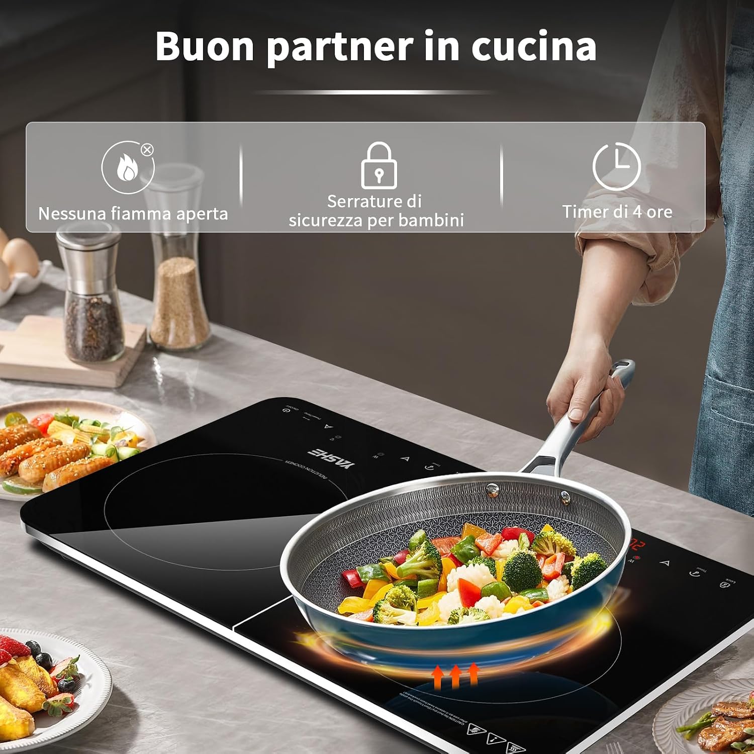 Detalle de YASHE Piastra a Induzione Doppia 3500W: due zone indipendenti, controllo touch e display LED
