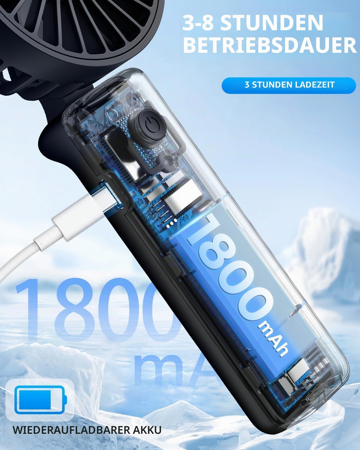 Thumbnail 3 de Hssio Tragbarer Handventilator – 2-in-1 Mini-Schreibtischventilator mit 180° Rotation, 3 Geschwindigkeiten und 8 Stunden Laufzeit