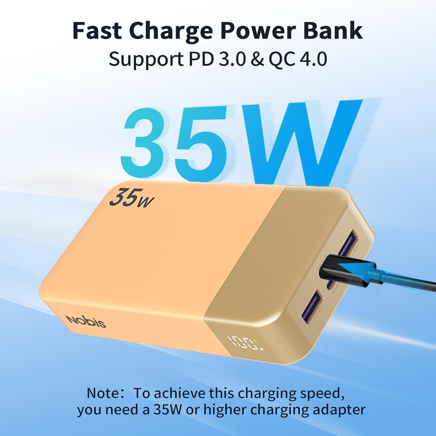 Detalle 2 de NOBIS Power Bank 20000mAh 35W PD QC4 con Display LED – Caricatore Portatile versatile (Arancione)