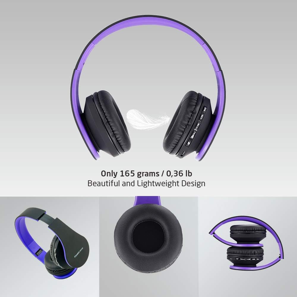 Detalle de PowerLocus Wireless Bluetooth Over-Ear Headphones (Purple) – Foldable, with Case
