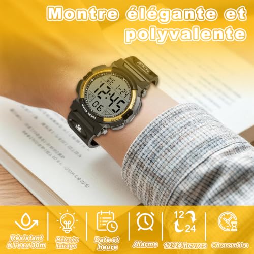 Thumbnail 4 de Juboos montre numérique pour homme, LED, chronomètre au 1/100 s, 3 ATM