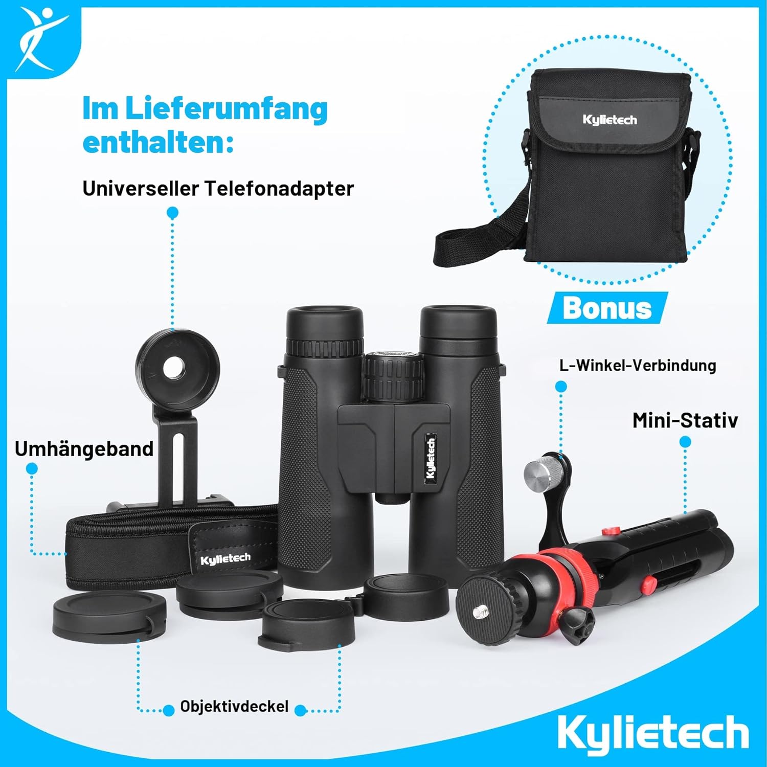 Thumbnail 6 de Kylietech 12x42 Fernglas für Erwachsene mit Stativ & Smartphone-Adapter (wasserdicht, BaK-4, FMC)