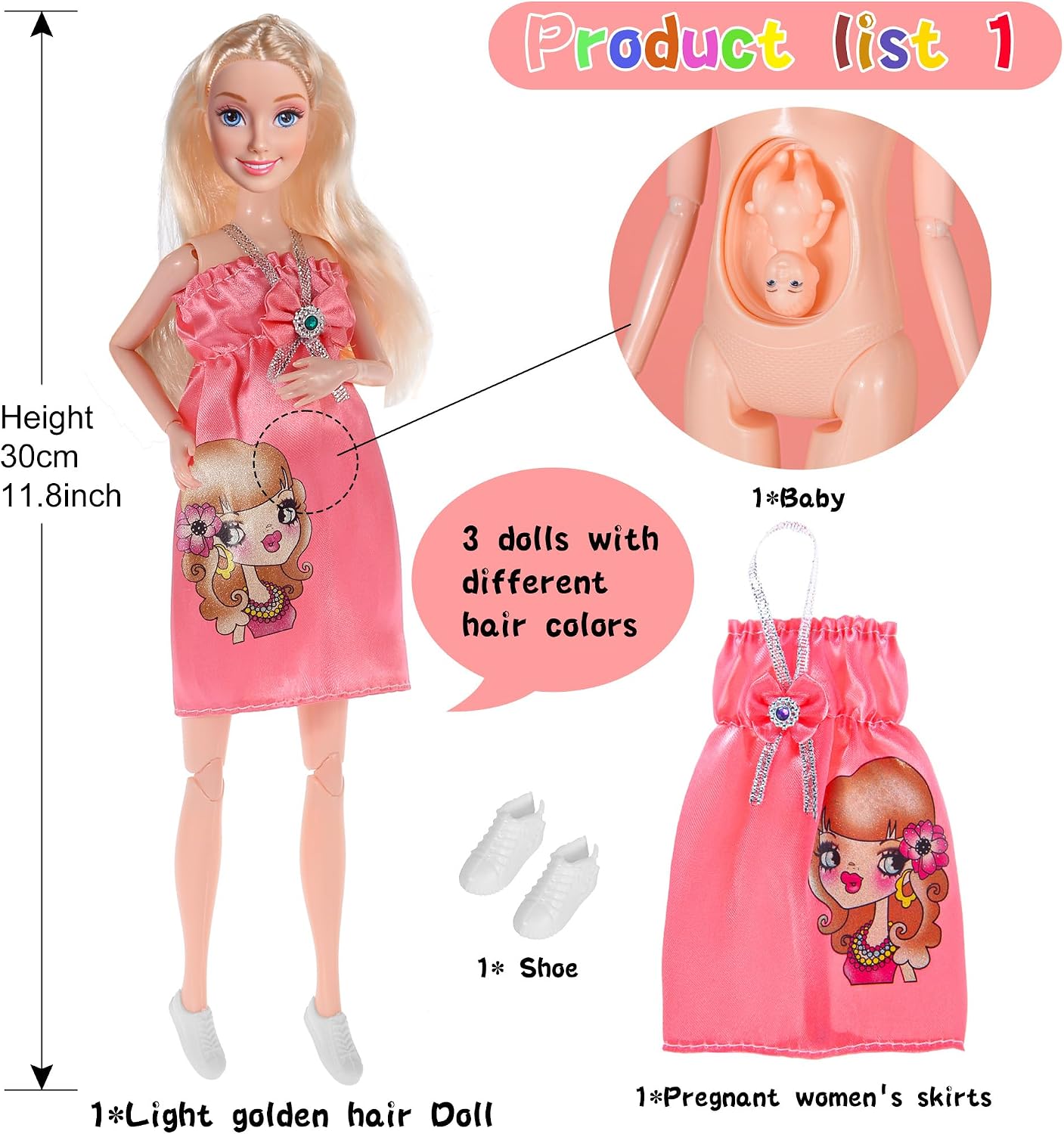 Detalle de dollbie 3体セット 妊婦ドール 約29.2cm お腹を交換可能、赤ちゃん・ドレス付き