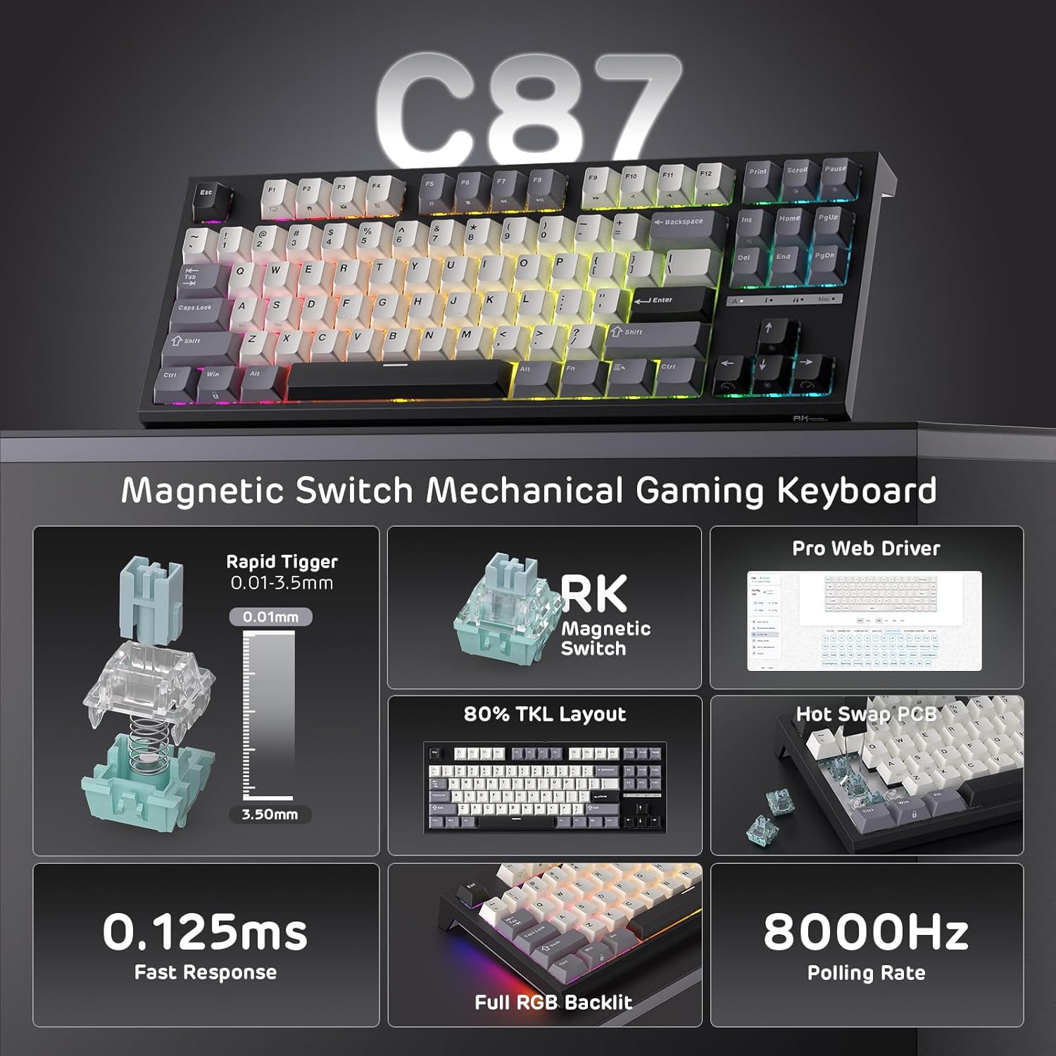 Thumbnail 1 de RK ROYAL KLUDGE C87 HE Gaming-Tastatur (TKL), Hall-Effekt Rapid Trigger, 87 Tasten, QWERTY, RGB