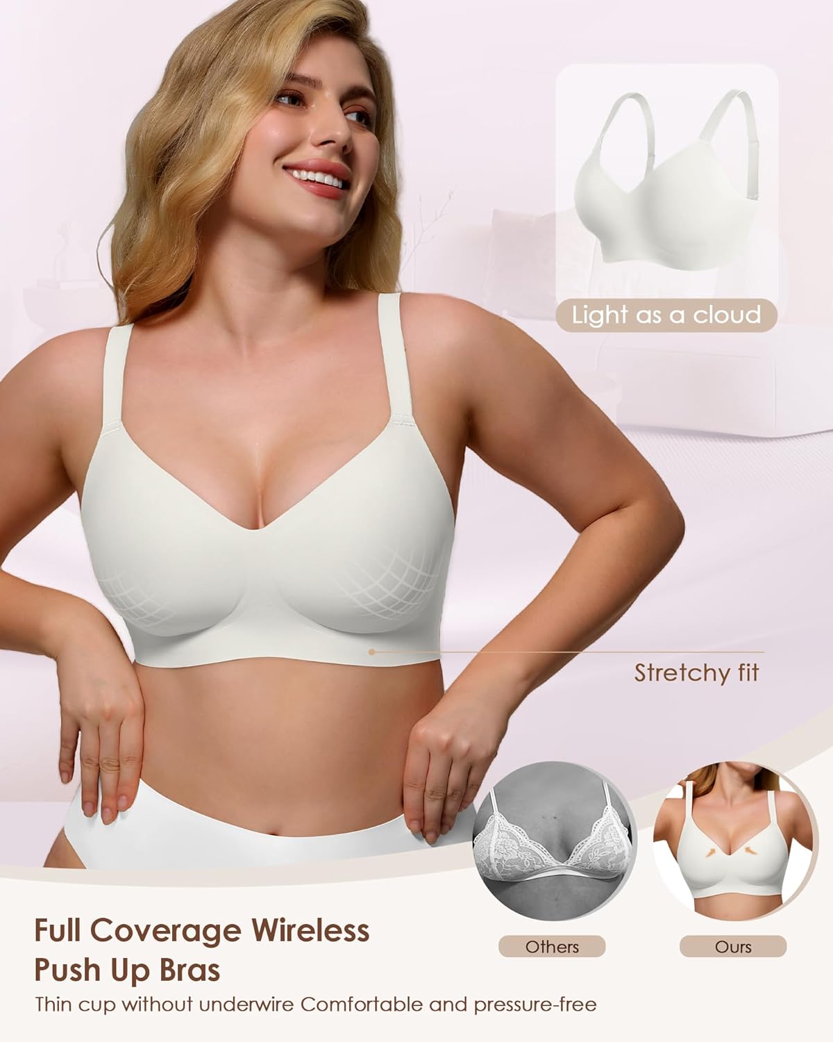 Detalle de As Fairy Women’s Wire-Free V-Neck Seamless Push Up Bralette (Full Coverage, No Underwire)
