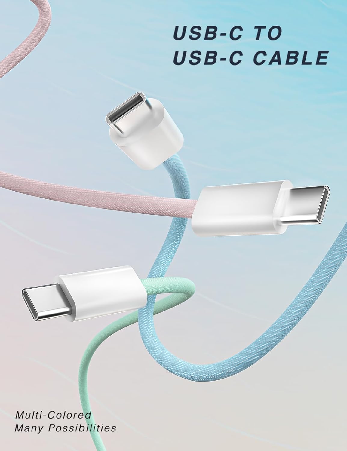 Detalle 2 de 3 Pack USB-C to USB-C Cable, 3FT, 60W Fast Charging, Colorful Nylon Braided (Blue, Green, Pink)